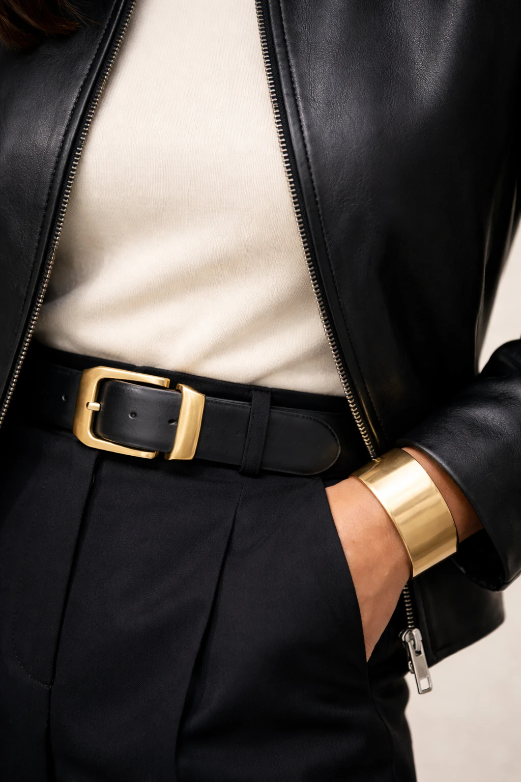 Macro detail of brushed-gold belt buckle, gold cuff bracelet, leather jacket zipper, and ivory mockneck knit texture