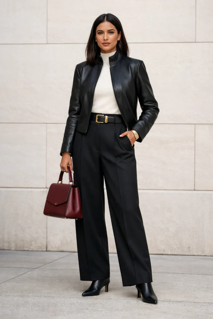 Confident woman in black high-collar leather jacket, ivory mockneck top and wide-leg trousers with gold belt and oxblood handbag.