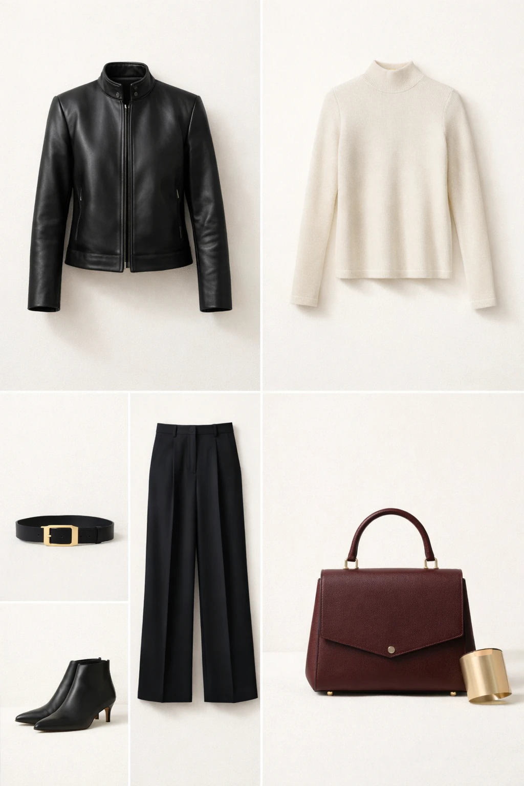 Outfit grid showing high-collar leather jacket, ivory mockneck, wide-leg trousers, chunky belt, black ankle boots, oxblood bag, and gold cuff