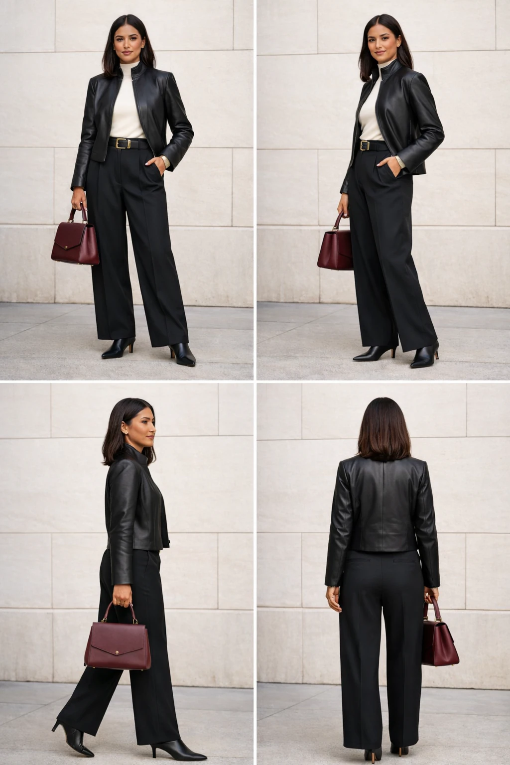 2x2 contact sheet showing front, three-quarter, side, and back views of a high-collar leather jacket work outfit with tailored trousers and gold accents
