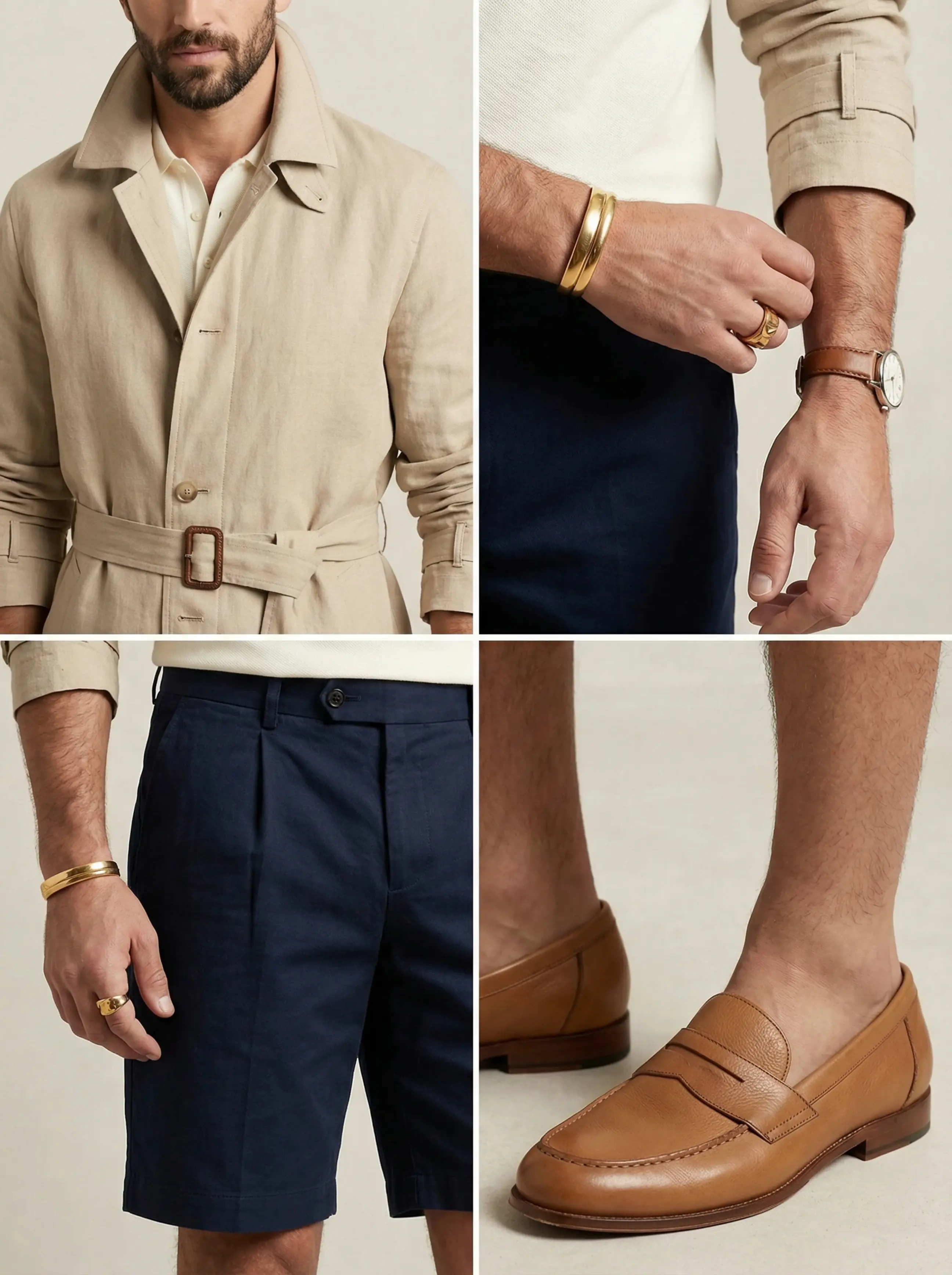 Close-up: linen trench collar, coat-belt buckle, gold cuff and leather grain