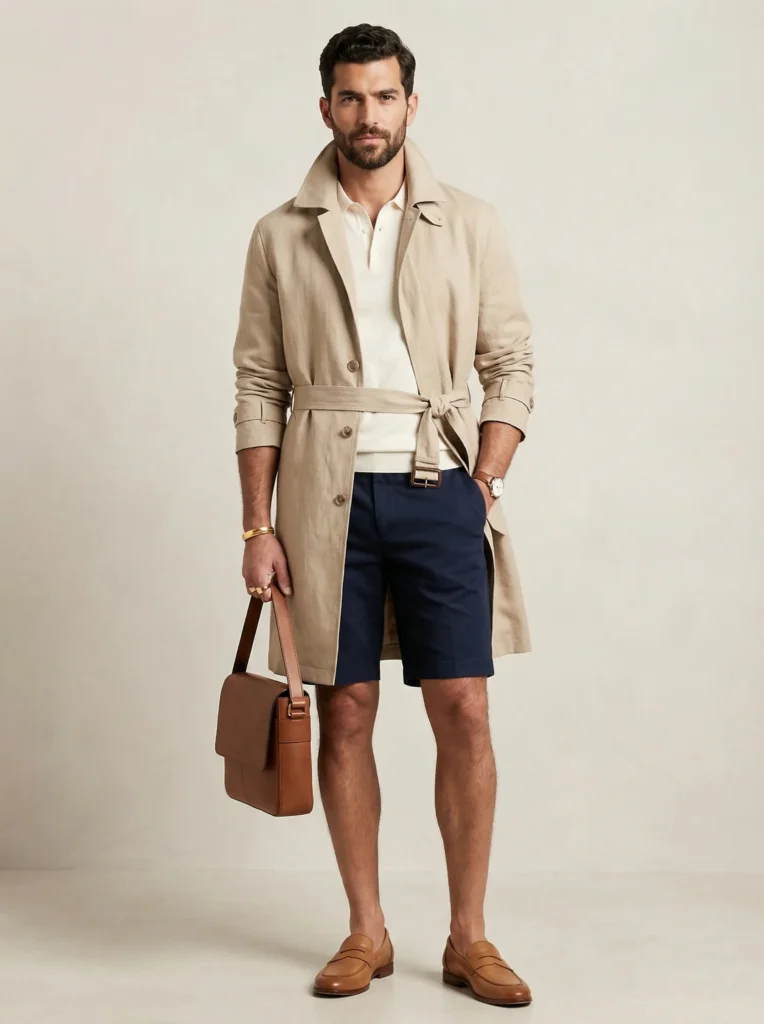 Full-body: man wearing sand high-collar linen trench belted, navy tailored shorts, cream polo and tan loafers