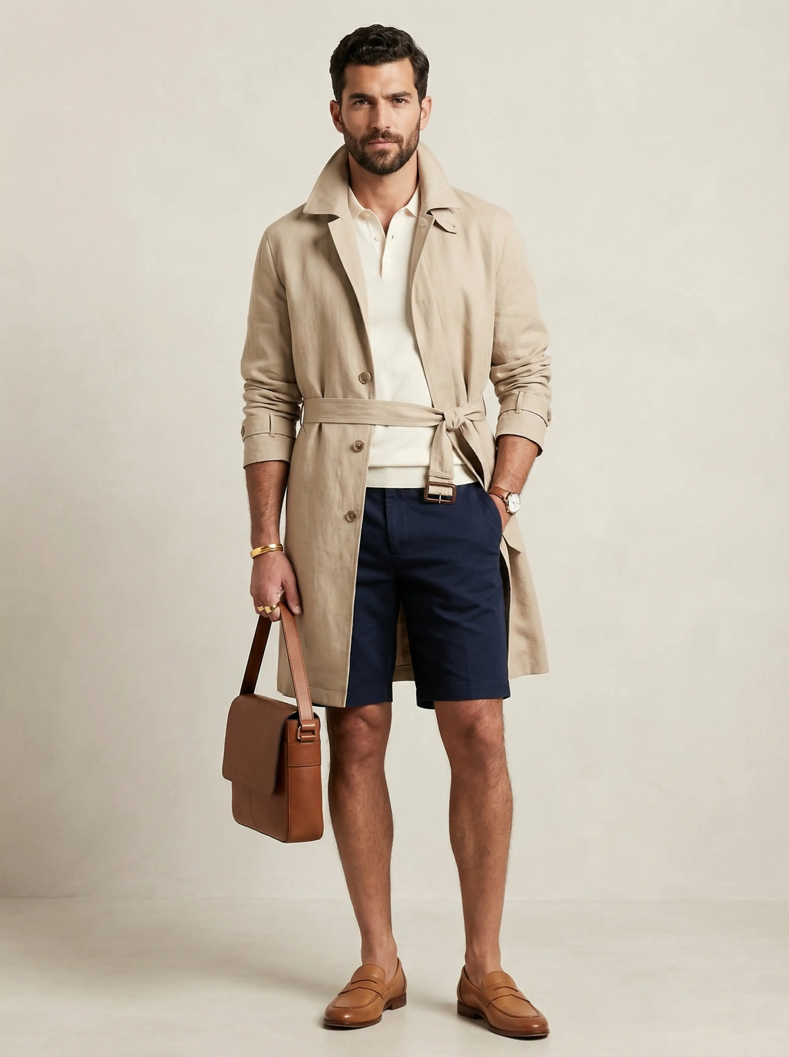 Full-body: man wearing sand high-collar linen trench belted, navy tailored shorts, cream polo and tan loafers