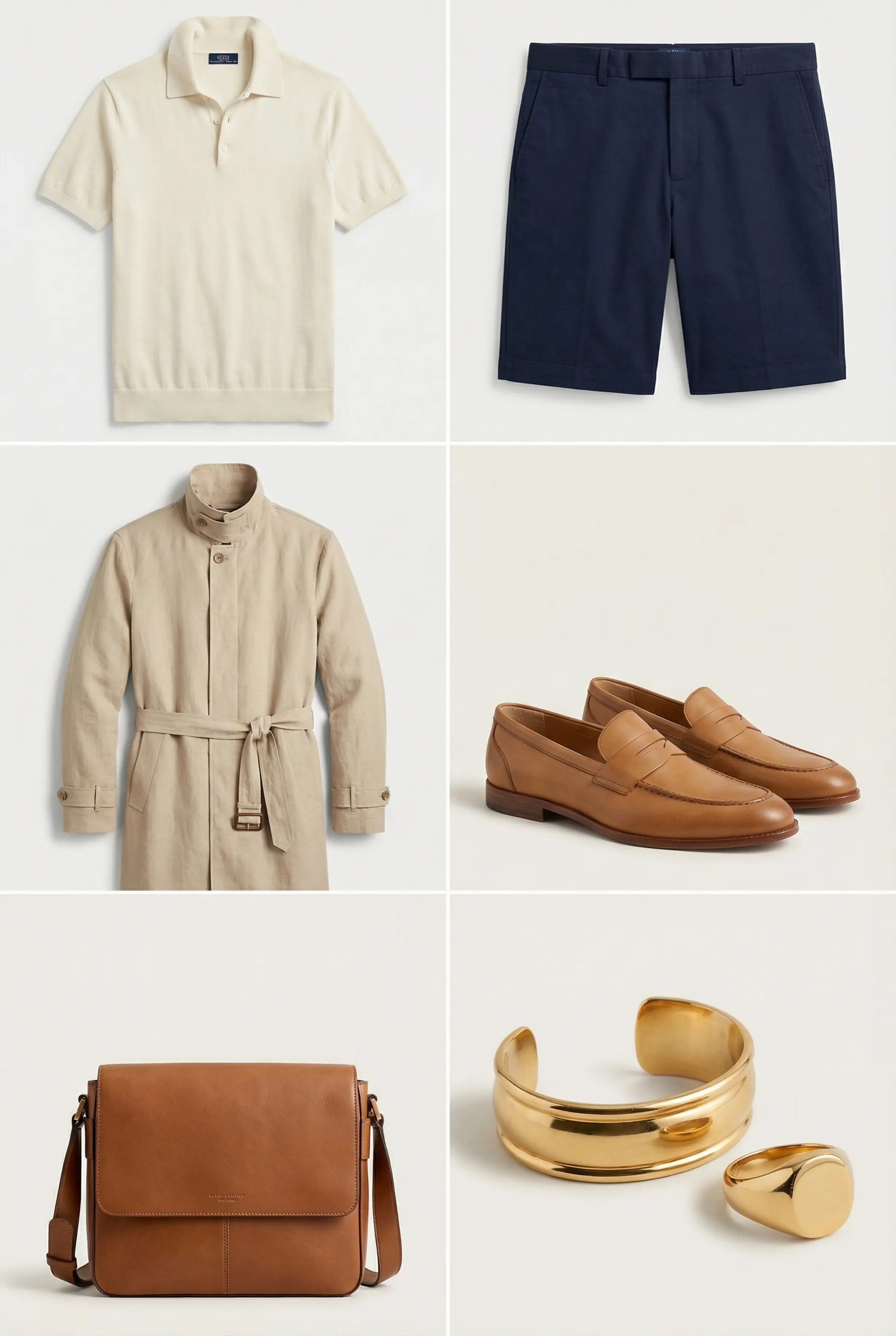 Outfit grid: polo, tailored shorts, loafers, linen trench with belt, messenger bag, gold cuff