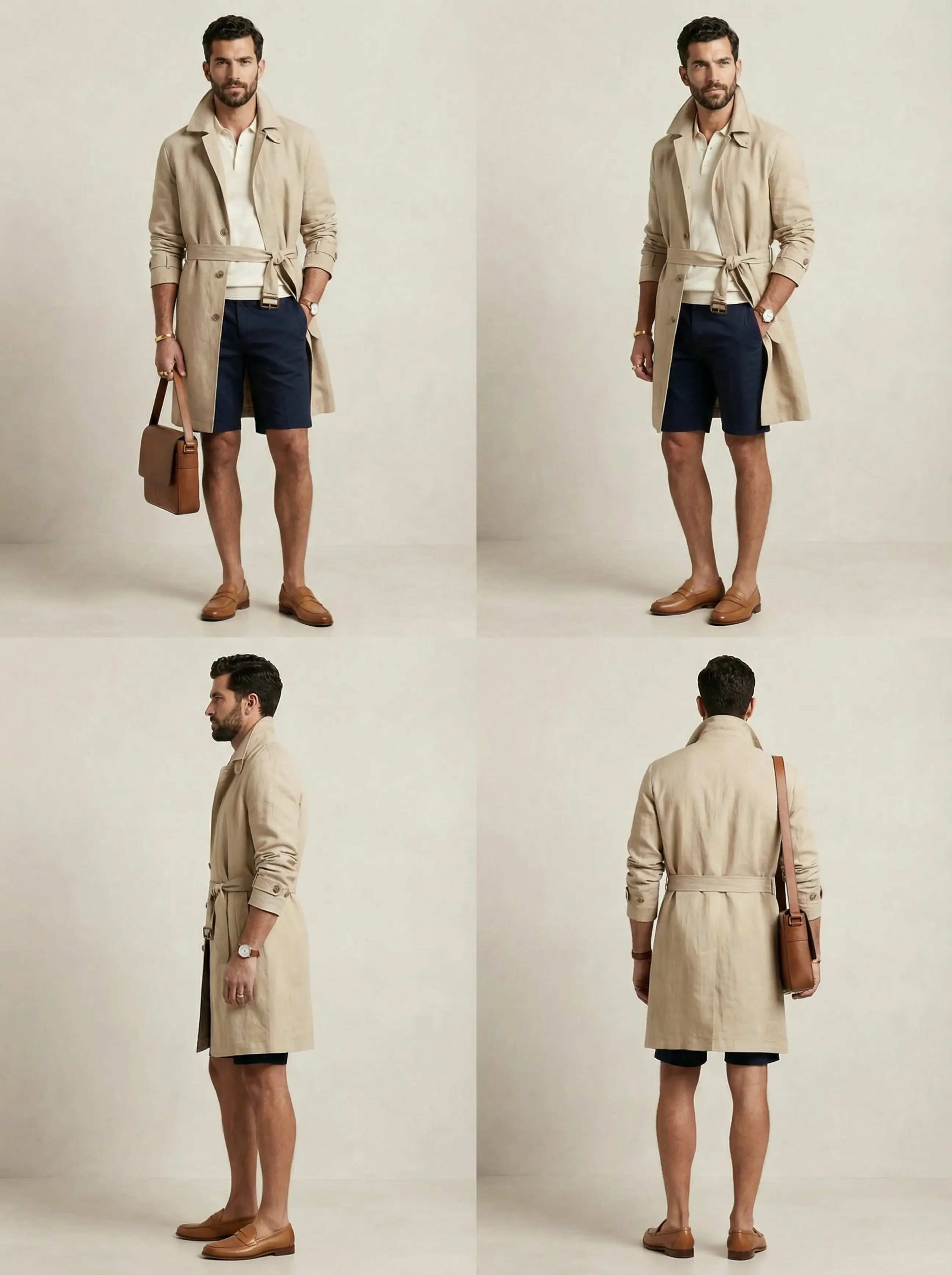 Four-panel contact sheet showing front, three-quarter, side and back views of the belted linen trench outfit