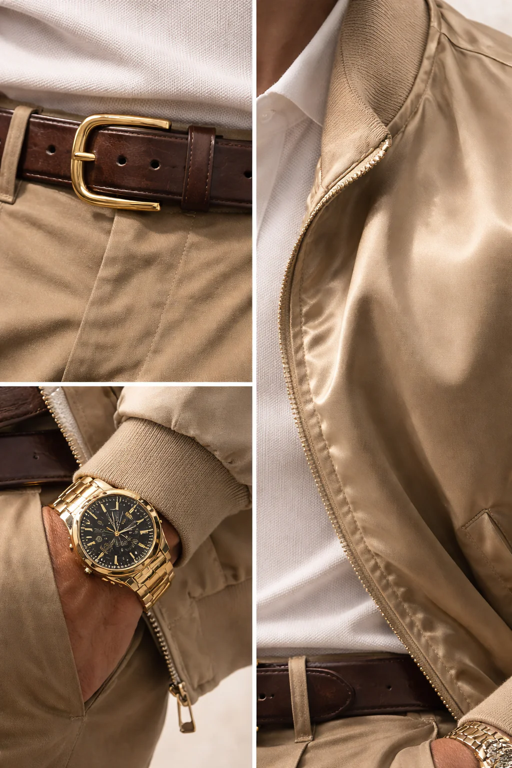 Macro detail of leather belt buckle, silk bomber fabric and gold watch