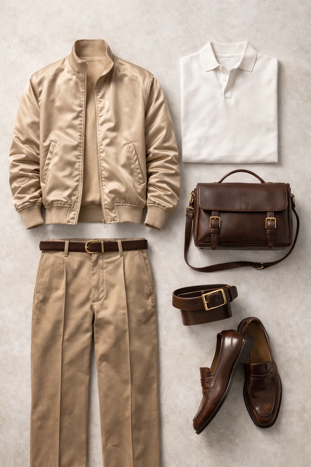 Six-item grid: silk bomber, knit polo, chinos, loafers, leather belt, messenger bag