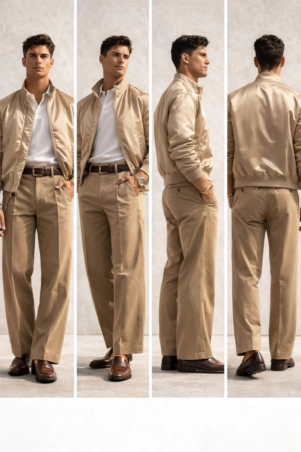 Four-panel contact sheet showing front, three-quarter, side and back of the silk bomber outfit