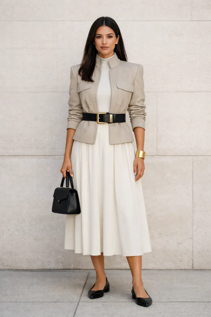 Full-body look with stone high-collar utility jacket, ivory high-neck top, pleated midi skirt, chunky belt, black flats, structured bag, gold cuff.