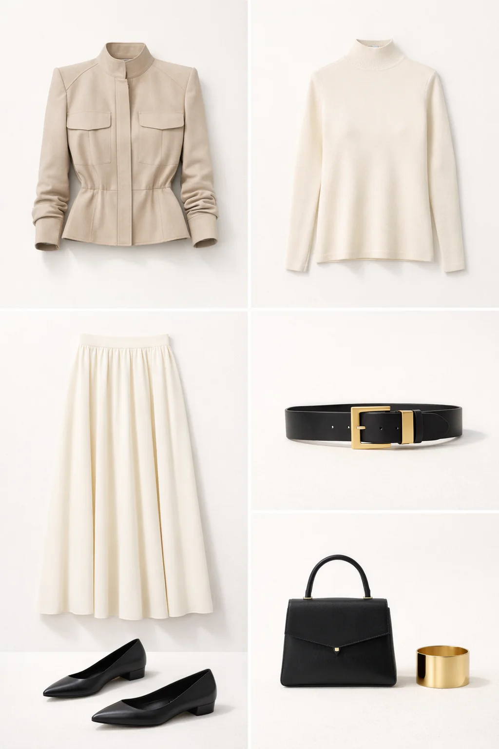 Outfit grid showing high-collar utility jacket, high-neck knit, pleated midi skirt, chunky belt, pointed flats, structured bag, and gold cuff.