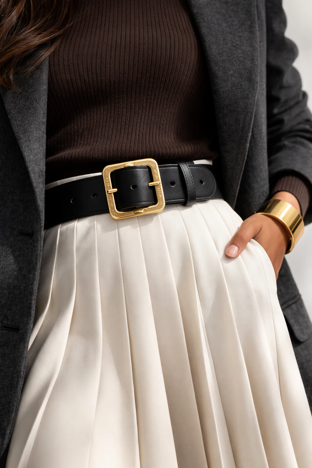 Macro detail of a chunky black belt with gold buckle over an ivory pleated midi skirt and espresso rib-knit polo with a gold cuff