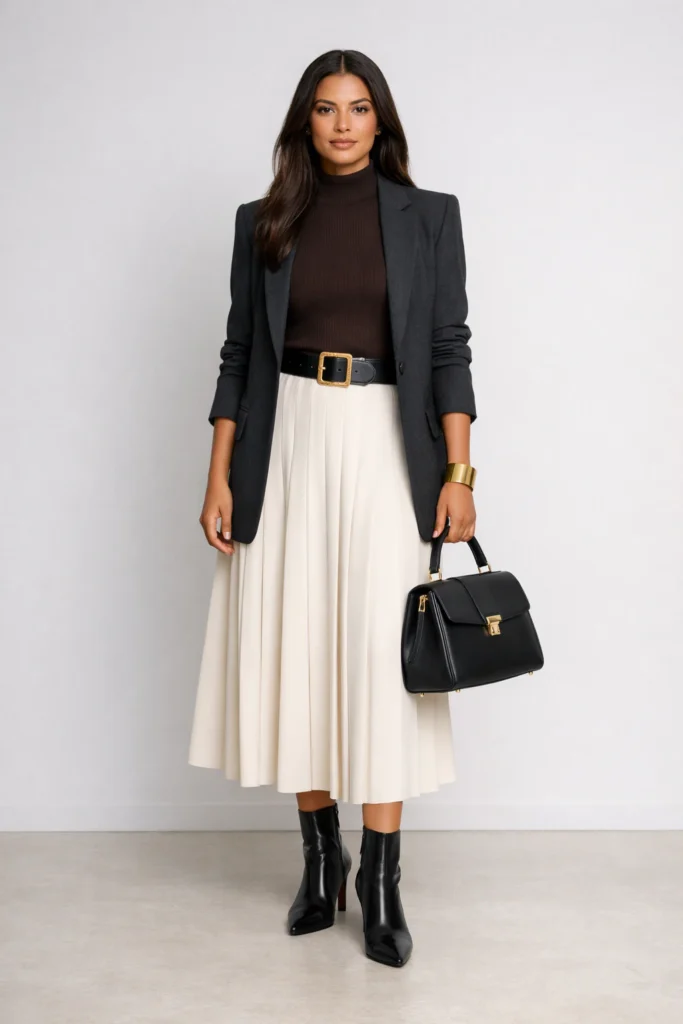 Full-body woman in espresso high-neck knit polo, ivory pleated midi skirt and charcoal blazer with black belt and ankle boots in a minimal studio.