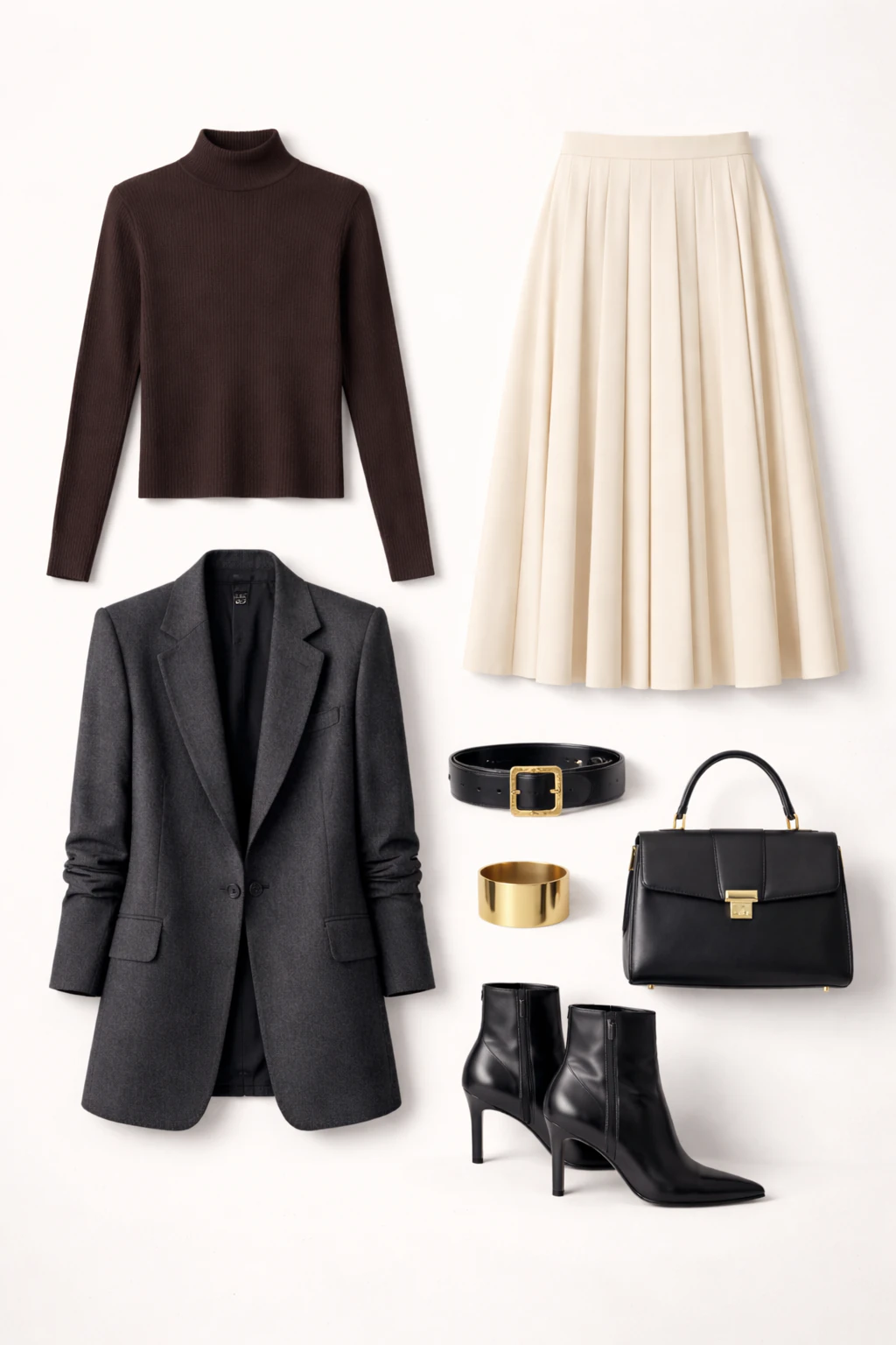 2x3 outfit grid showing a high-neck knit polo, pleated midi skirt, sculpted blazer, chunky belt, gold cuff, ankle boots, and structured bag