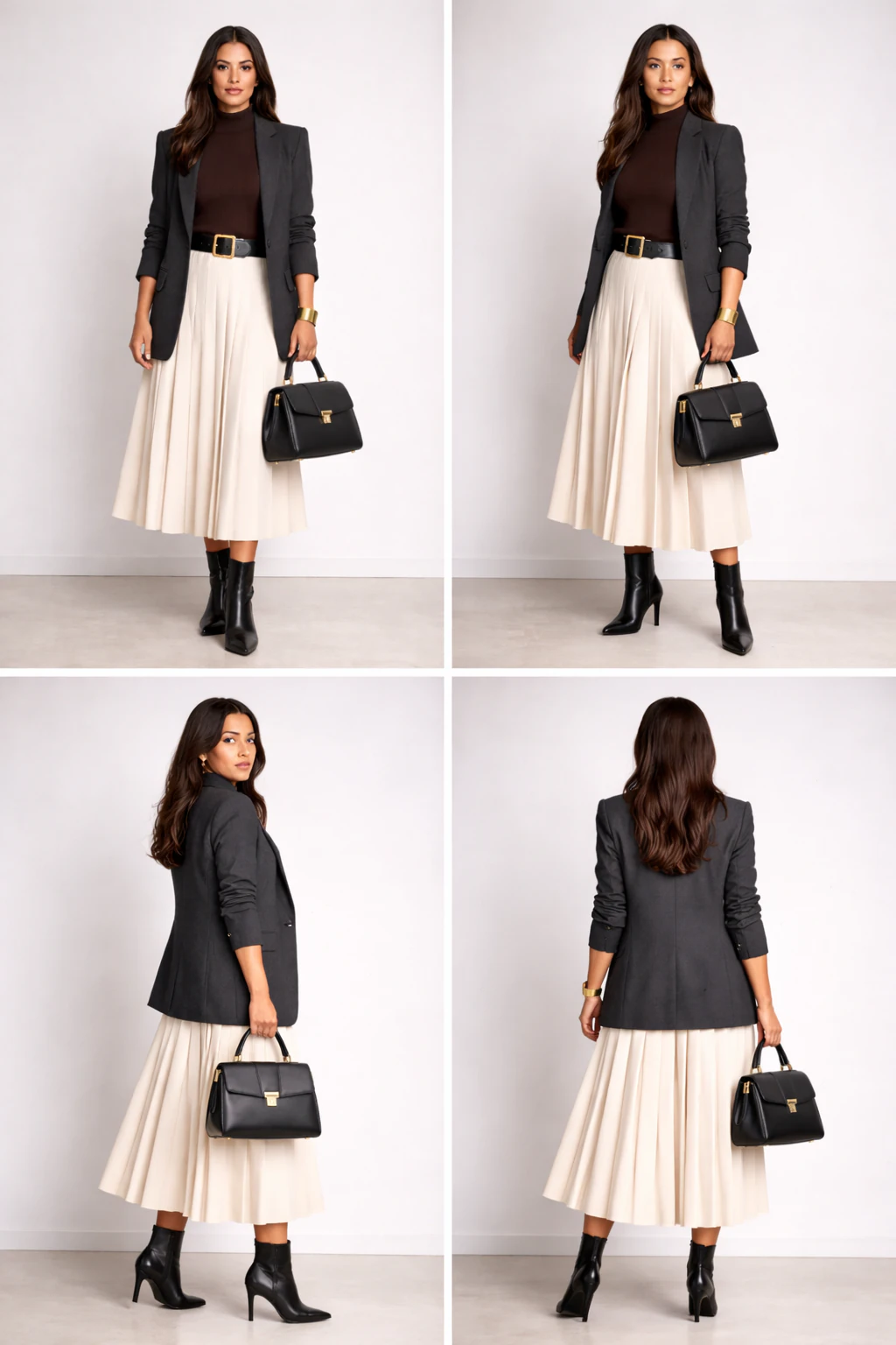 2x2 contact sheet showing front, 3/4, side, and back views of a high-neck knit polo, pleated midi skirt, blazer, chunky belt, and boots