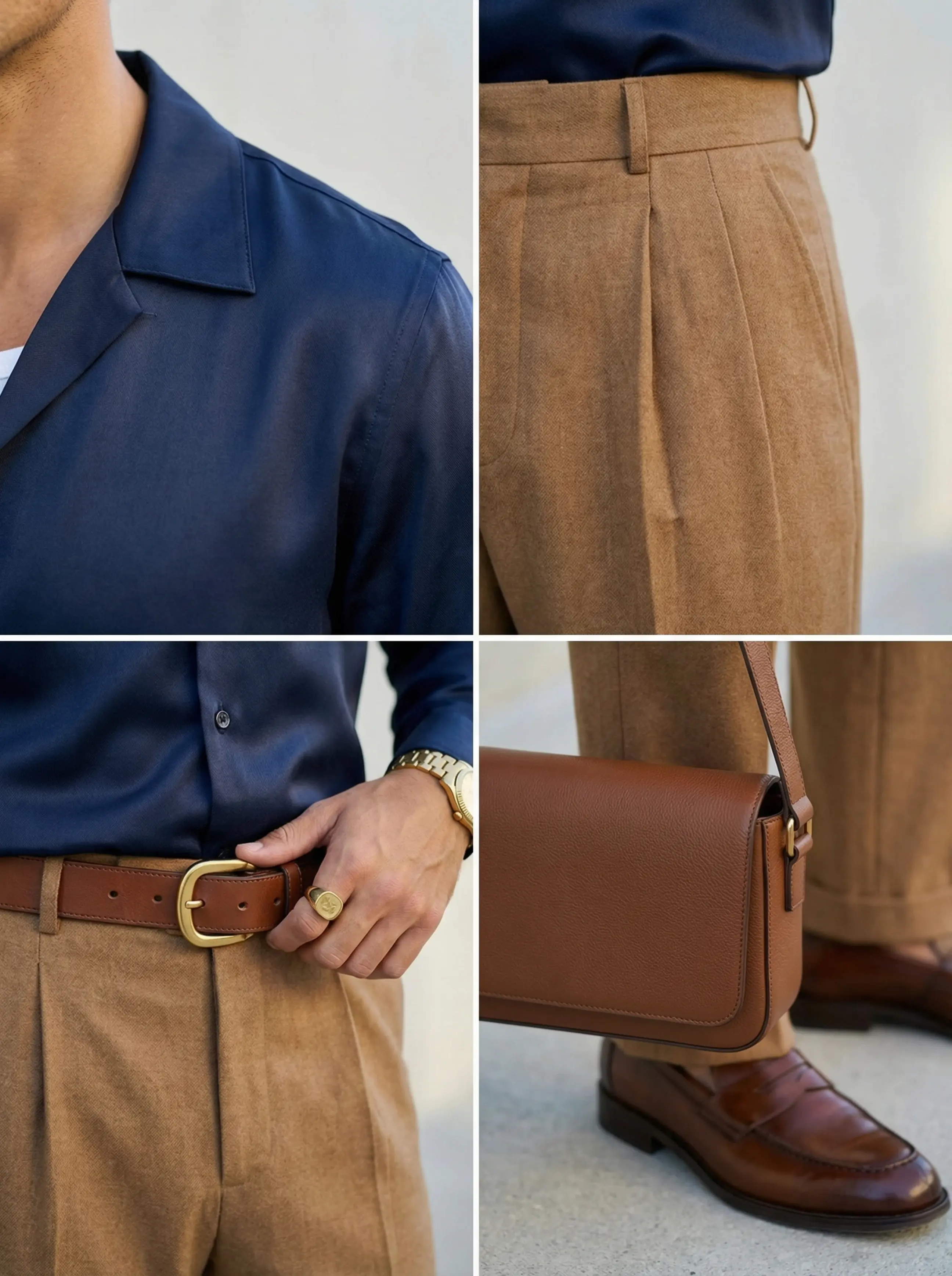 Close-up of satin shirt collar, pleated waistband, chunky belt buckle and gold watch