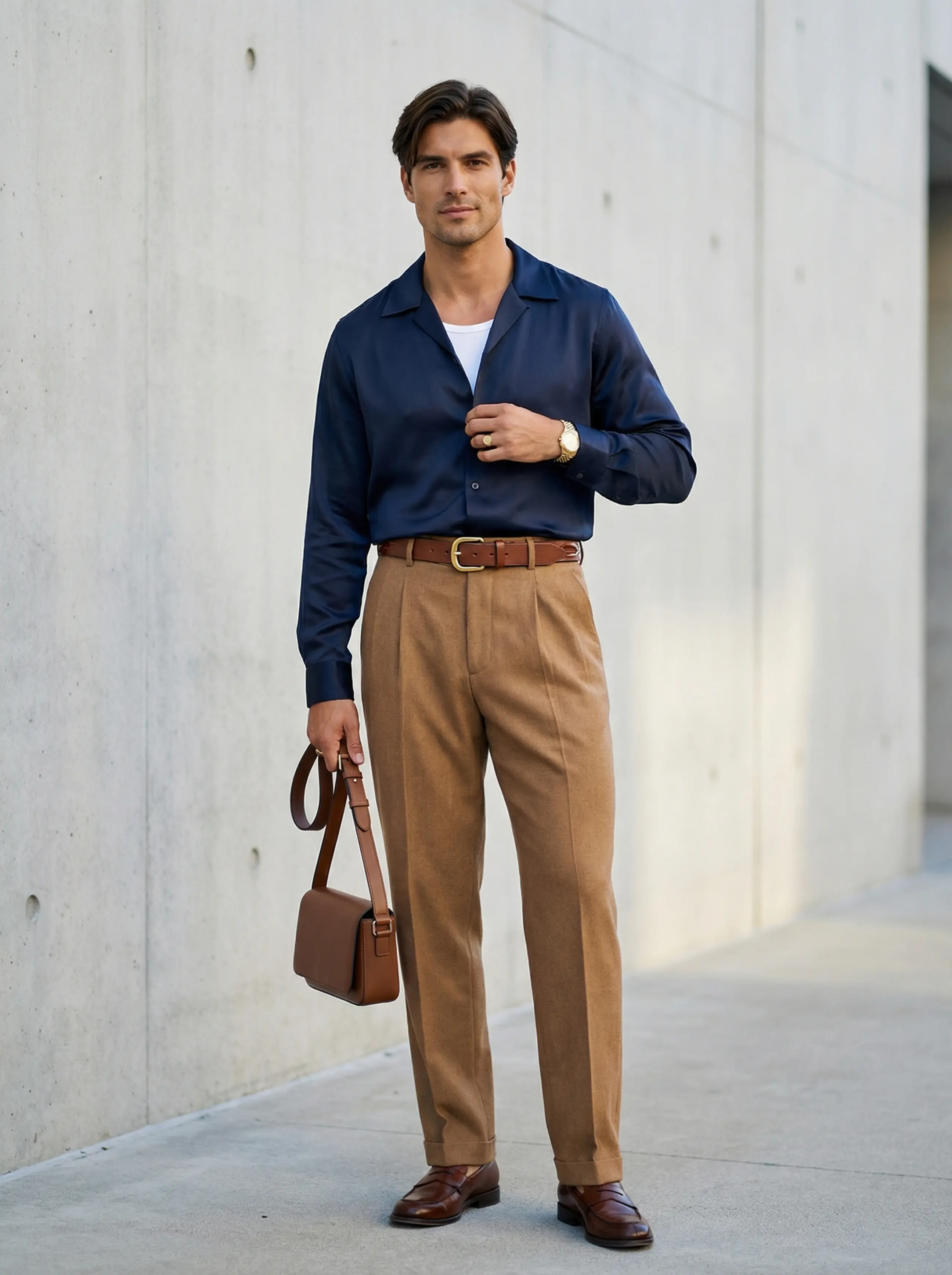 Man in satin camp-collar shirt, pleated trousers, chunky belt and loafers against a clean wall