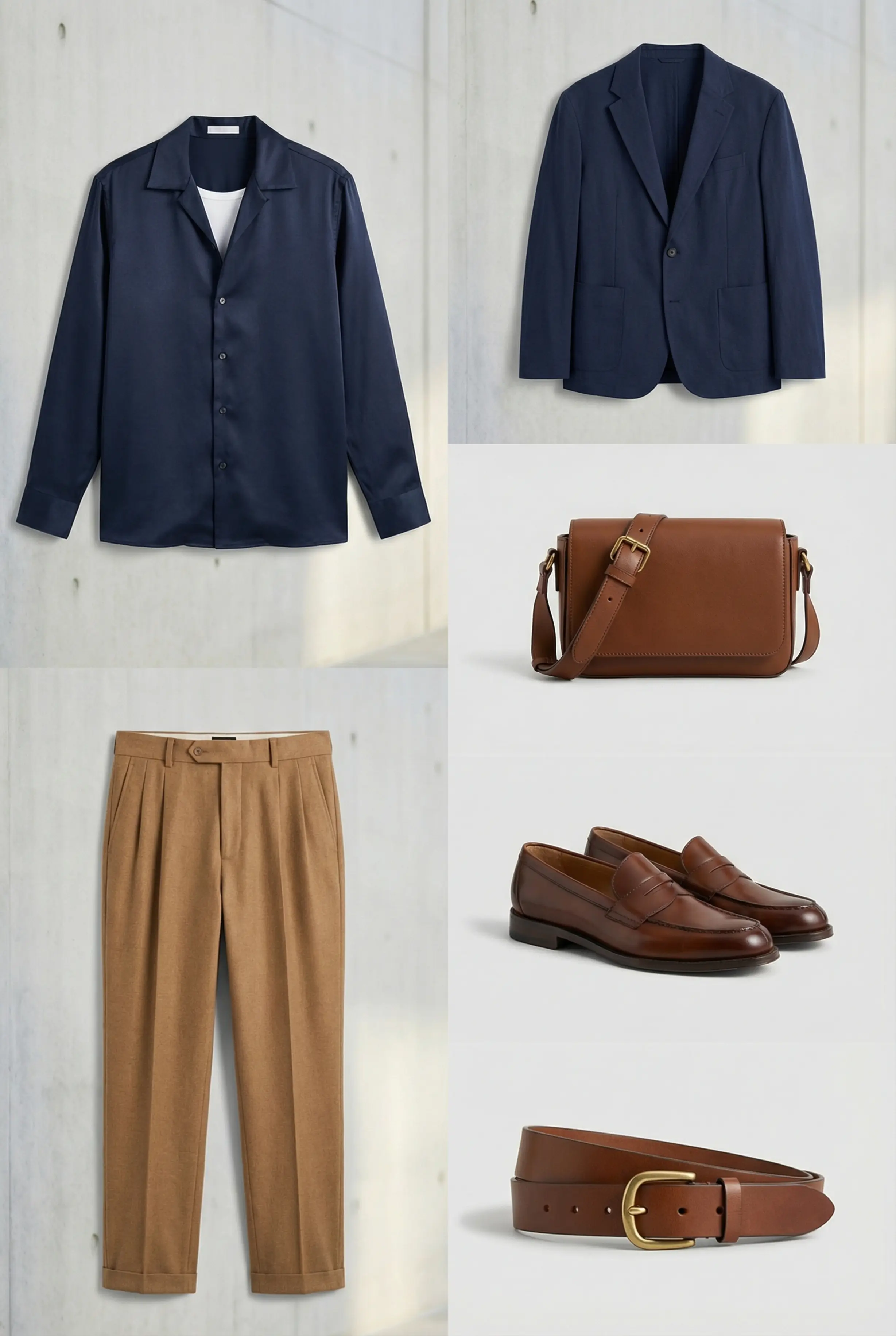 Outfit grid: satin camp-collar shirt, pleated trousers, belt, loafers, blazer, crossbody bag