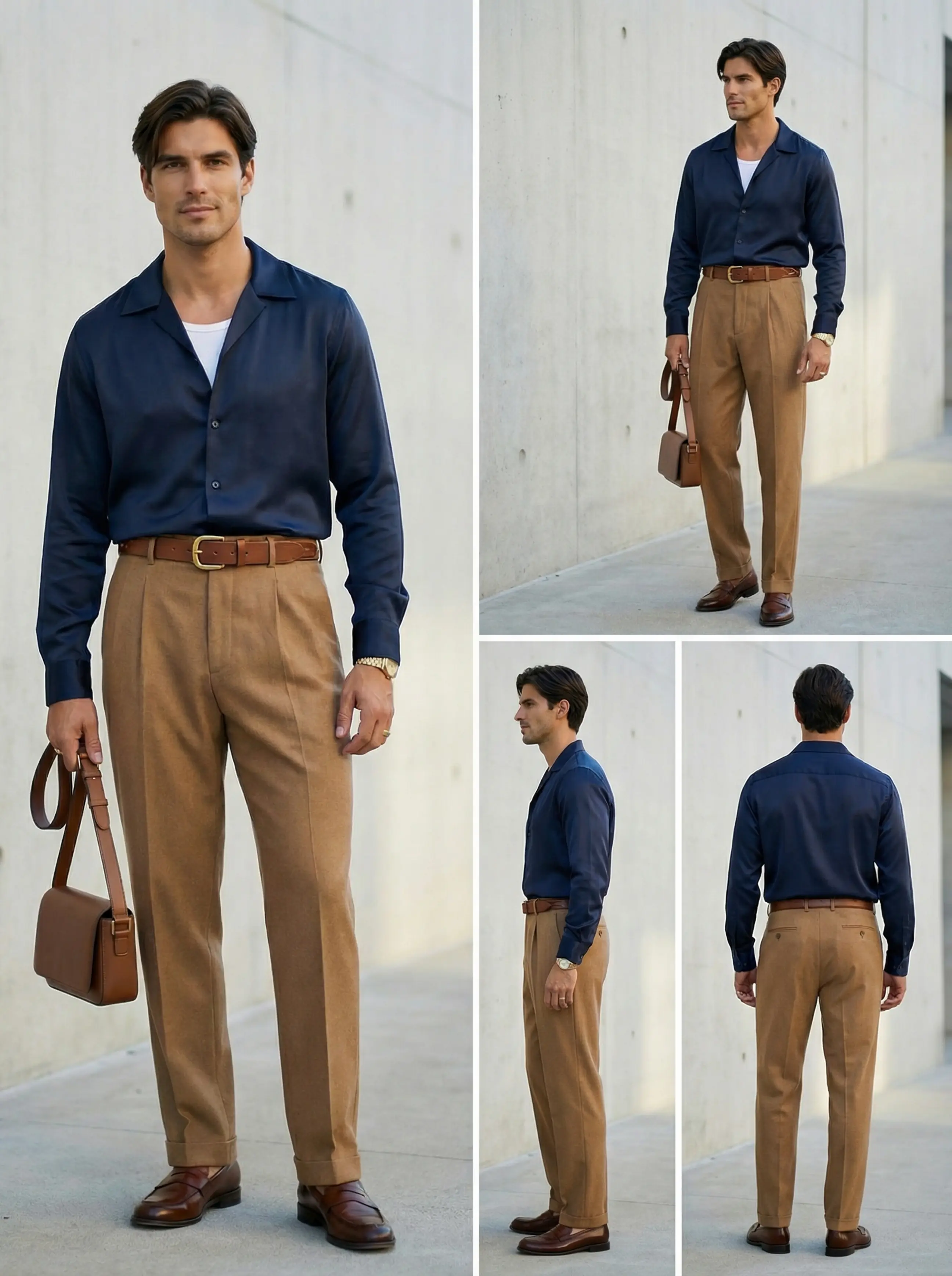 Four-panel contact sheet of man in satin camp-collar shirt outfit: front, three-quarter, side, back