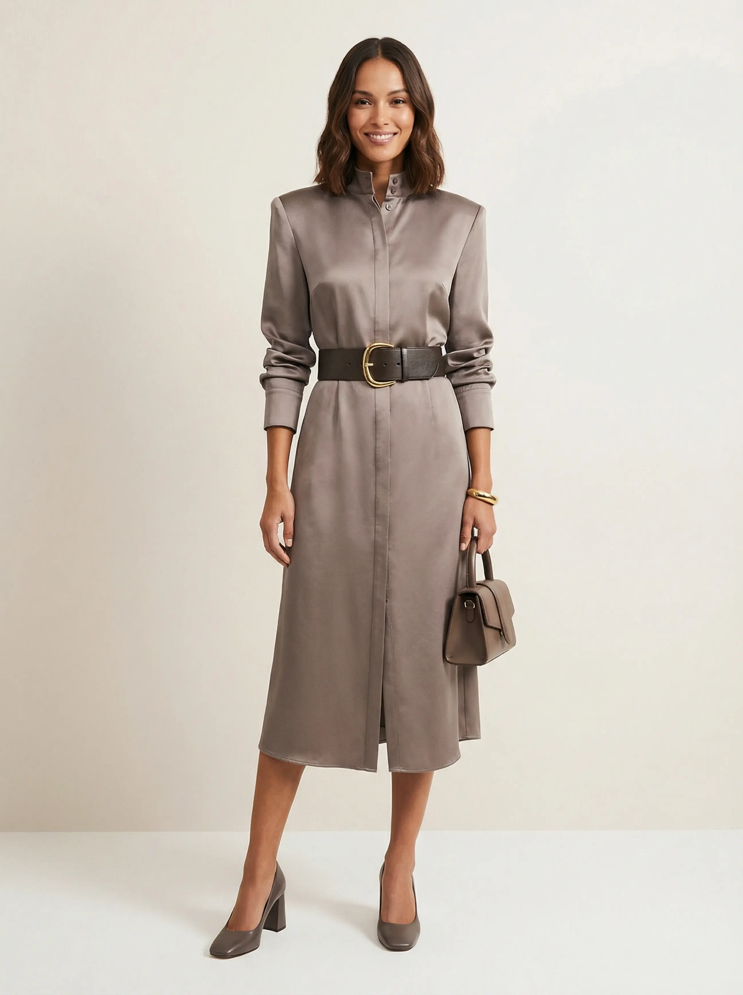Full-body studio image of woman in satin shirt-dress, chunky belt, gold cuff, midi hem, centered on neutral background.