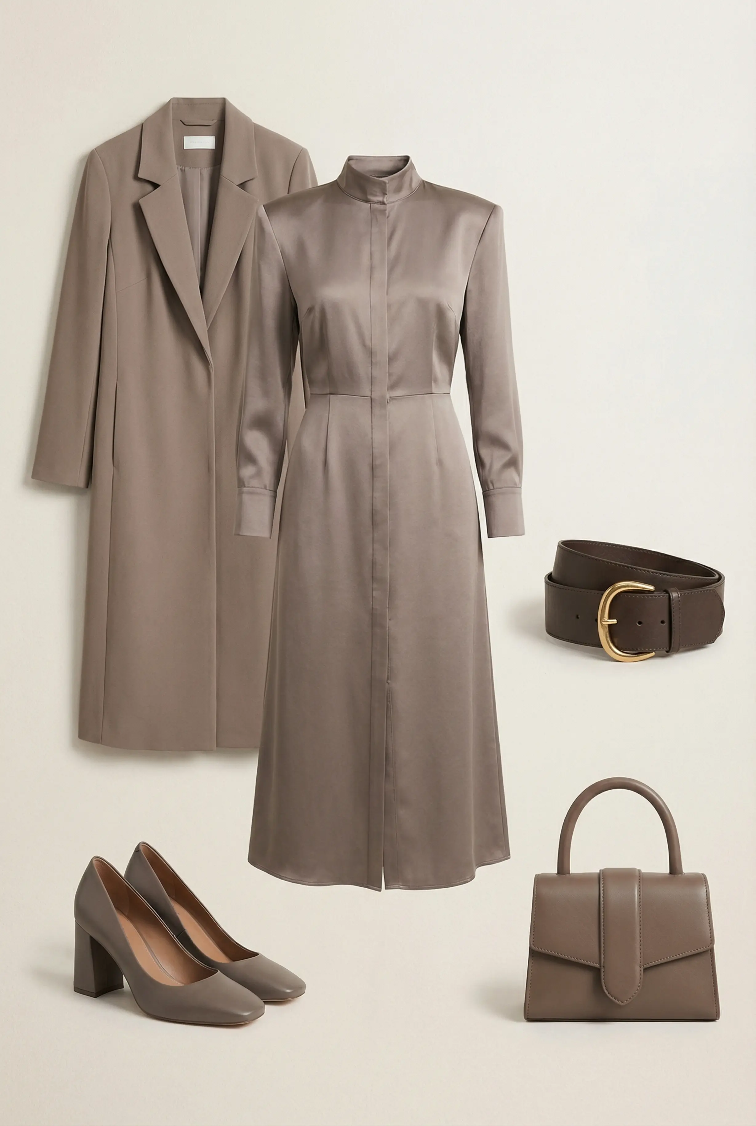 Outfit grid: satin shirt-dress, chunky belt, block heels, crepe coat, structured bag on neutral background.