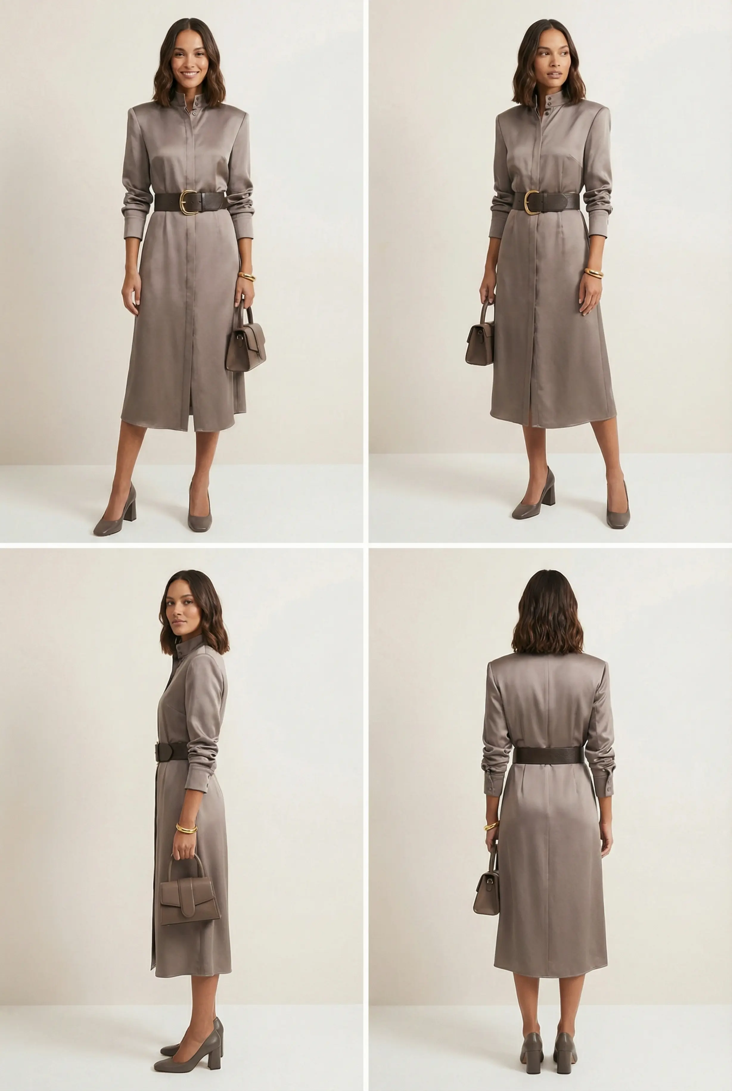 2x2 contact-sheet of front, 3/4, side, and back views of woman in satin shirt-dress with chunky belt.