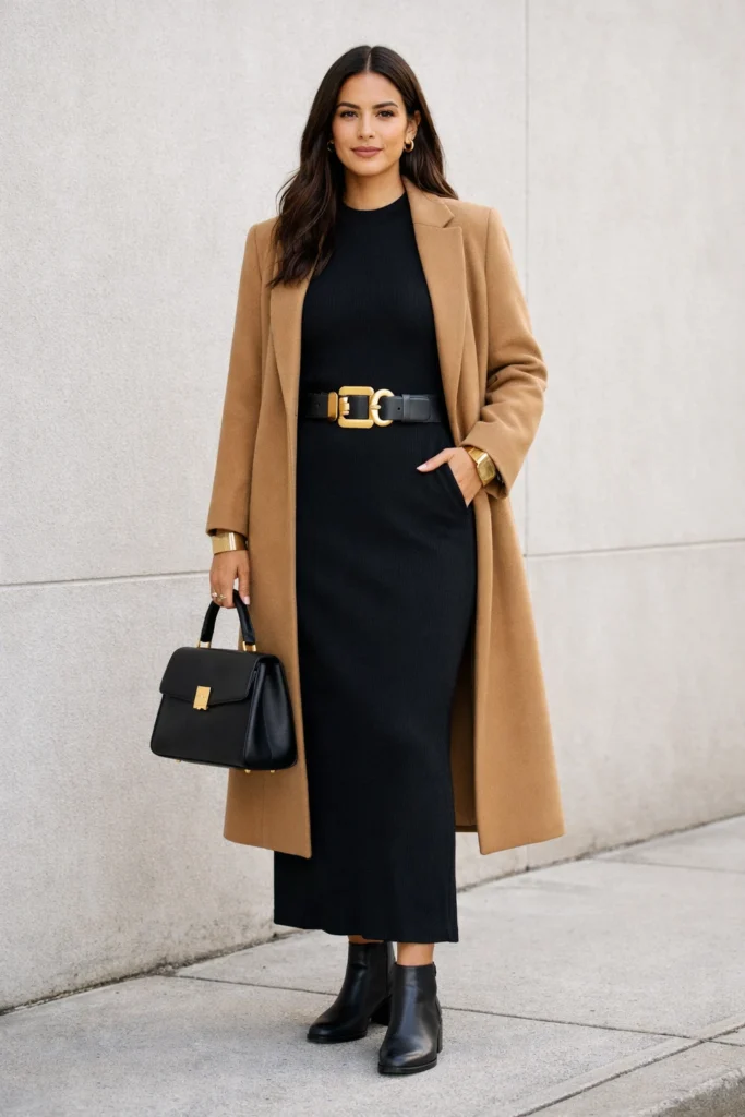 Elegant street style look featuring a black long-sleeve knit maxi dress styled with a camel tailored coat, chunky gold hardware belt, black ankle boots, and structured top-handle bag against a clean neutral city wall.