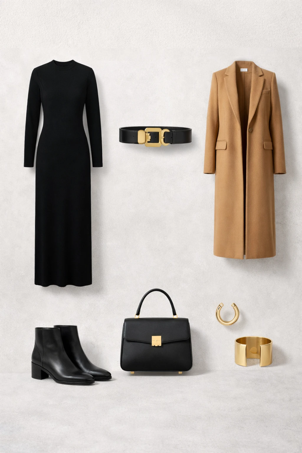 Outfit grid showing black high-neck knit maxi dress, chunky gold-buckle belt, camel coat, black ankle boots, structured bag, and gold cuff with hoops.