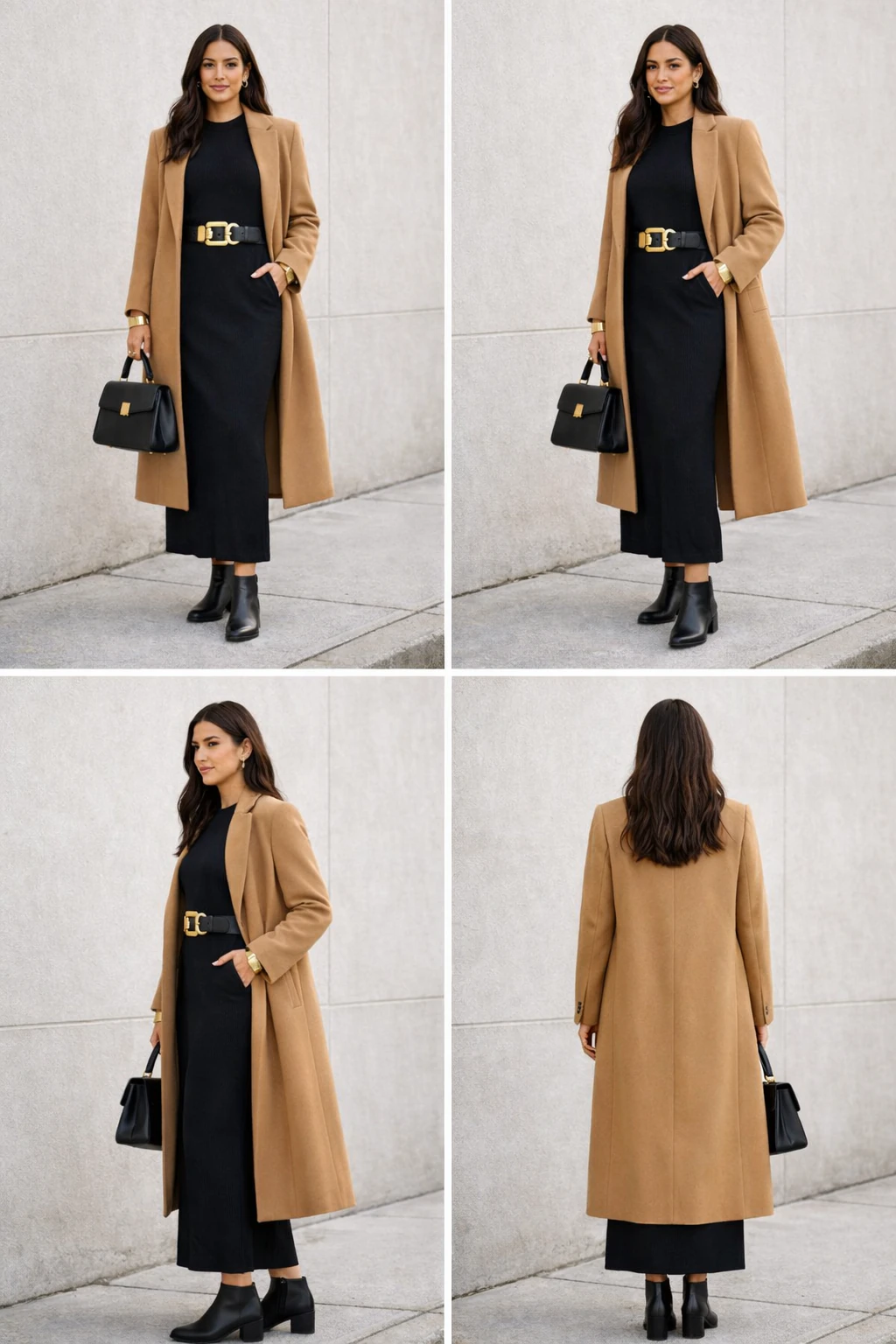 2x2 contact sheet showing front, 3/4, side, and back views of a belted black knit maxi dress with camel coat, ankle boots, and gold accessories.