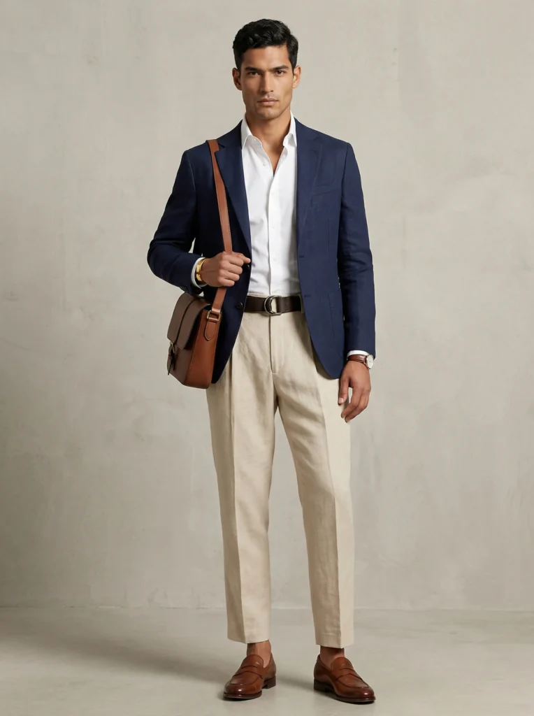 Man wearing a sculpted-shoulder navy linen blazer, pleated trousers, chunky belt and loafers against a minimal background.