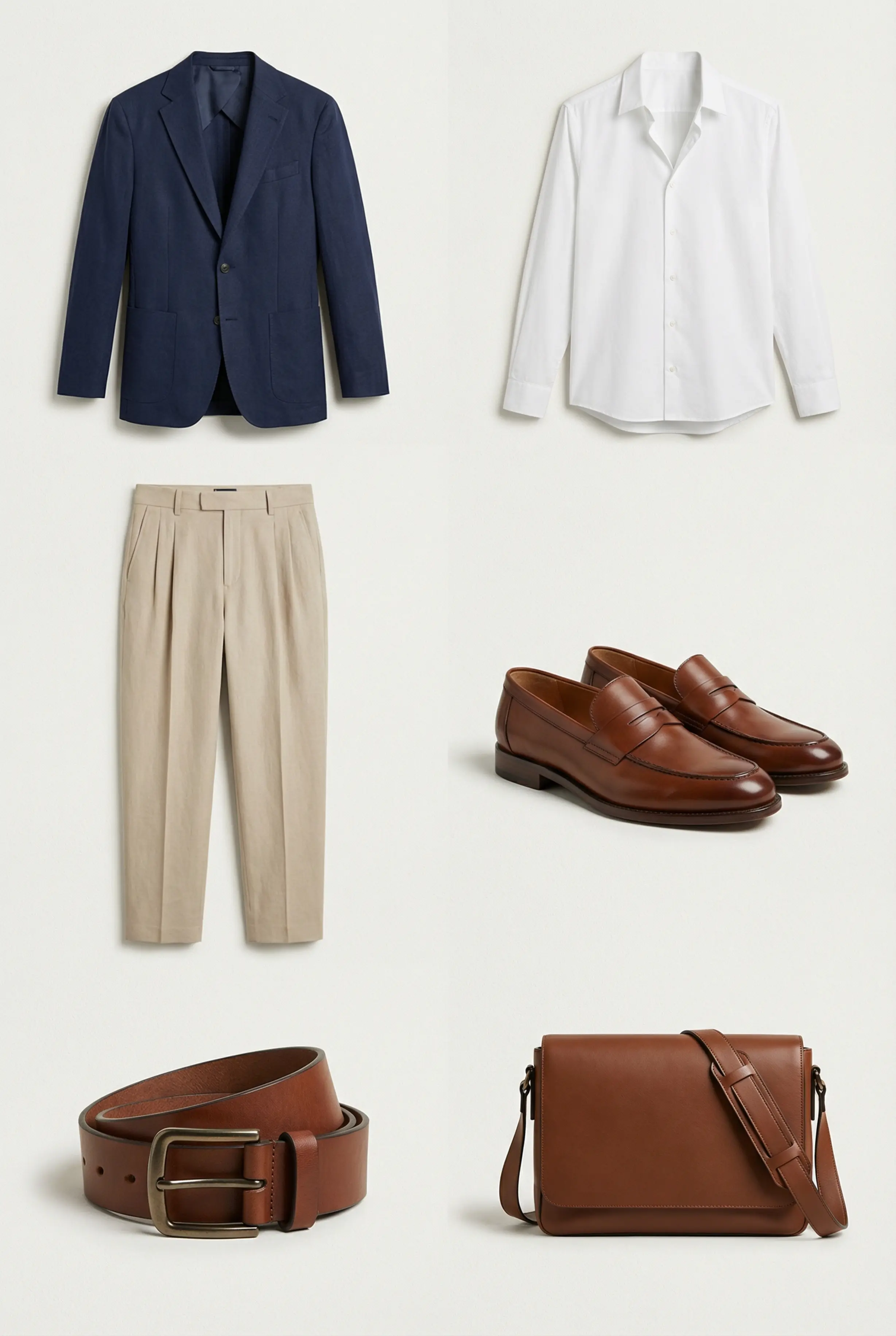 Outfit grid showing navy sculpted-shoulder blazer, white shirt, pleated trousers, loafers, chunky belt and leather messenger.