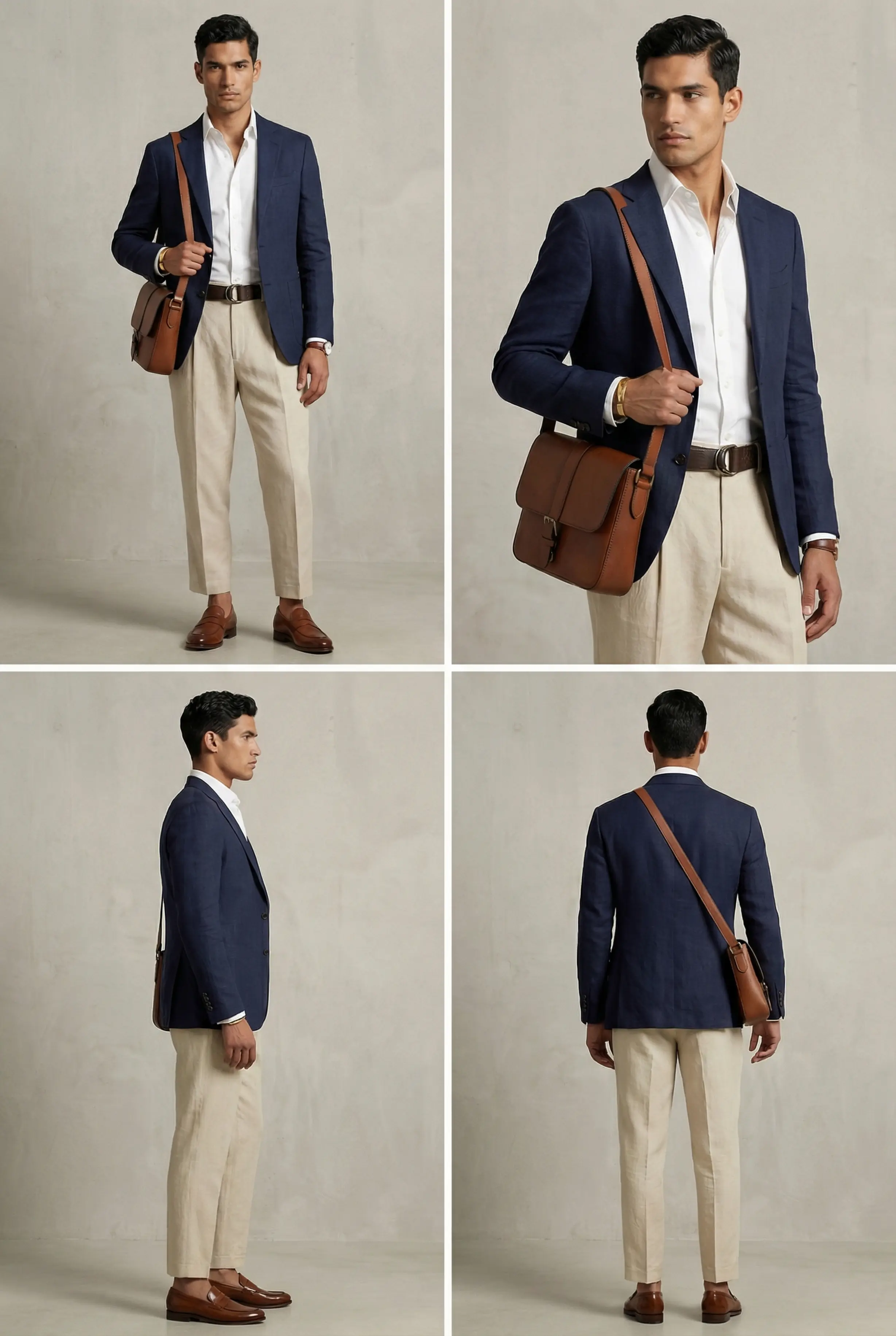 Contact sheet: front, three-quarter, side and back views of a man in a sculpted-shoulder linen blazer outfit.