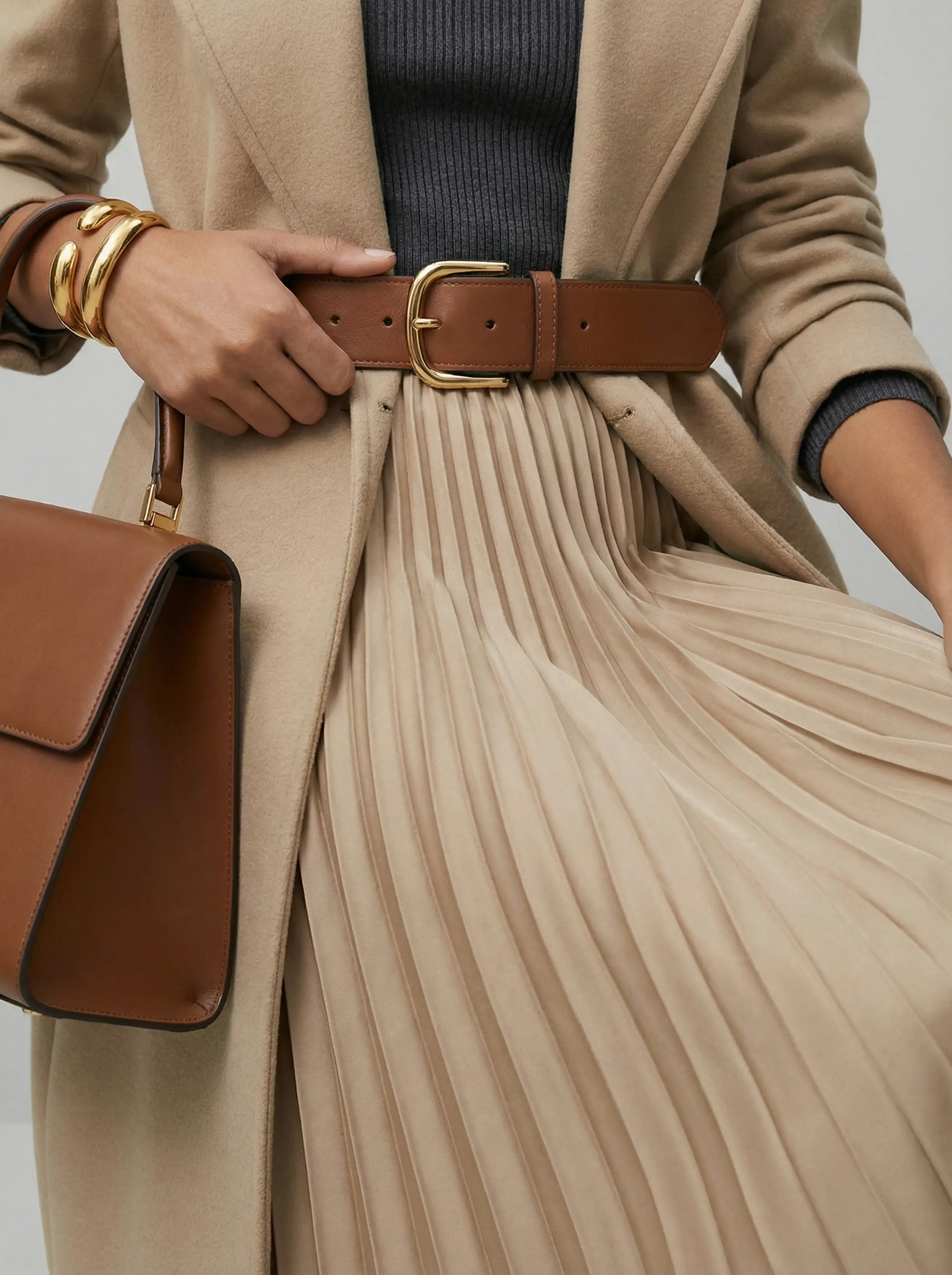 Close-up of wide leather belt with gold buckle, gold cuff and satin pleat texture