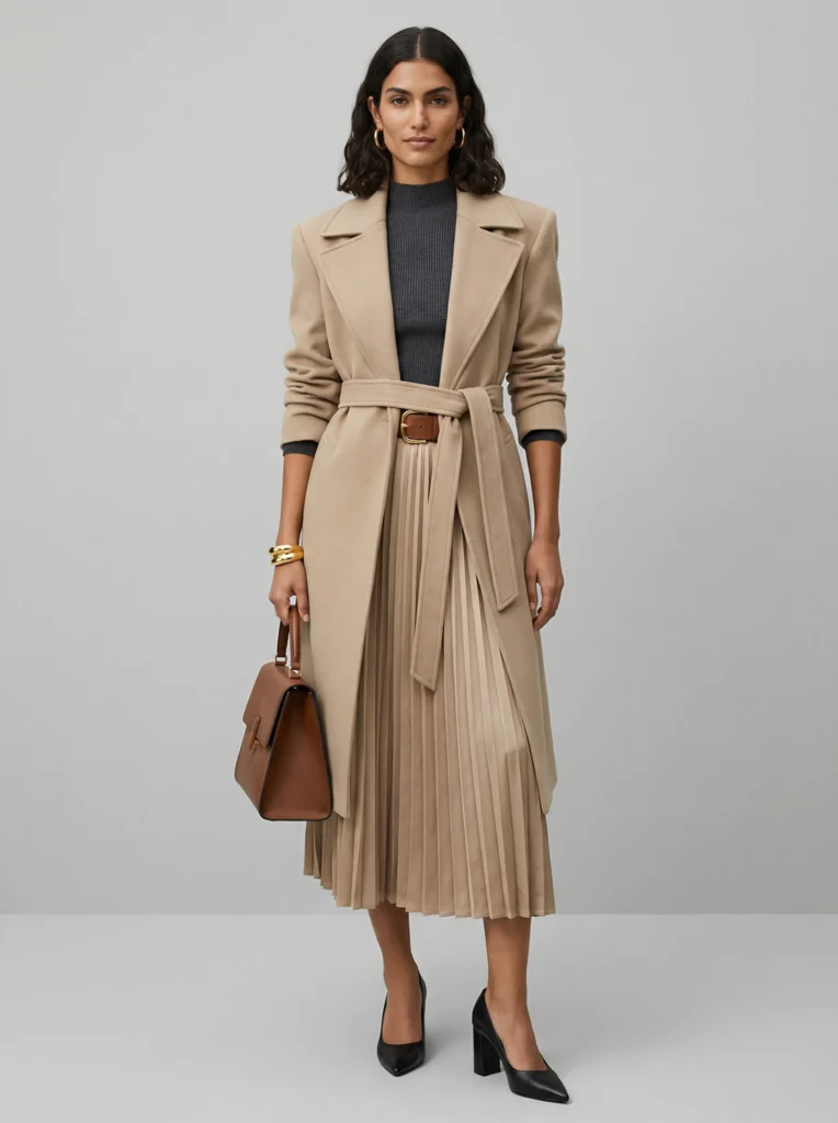 Full-body shot of model in sculpted-shoulder trench belted at waist, pleated midi, heels and gold cuff