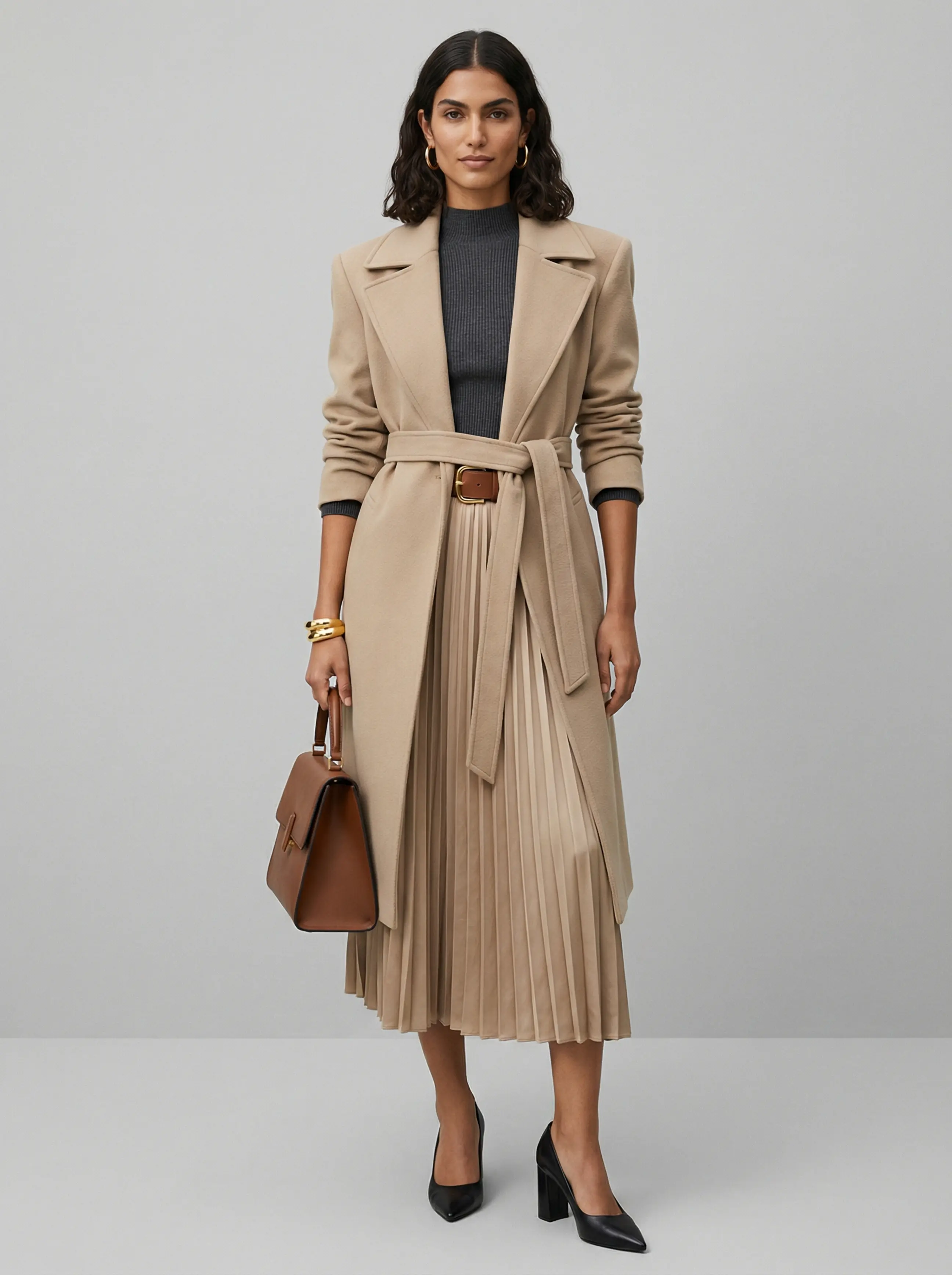 Full-body shot of model in sculpted-shoulder trench belted at waist, pleated midi, heels and gold cuff