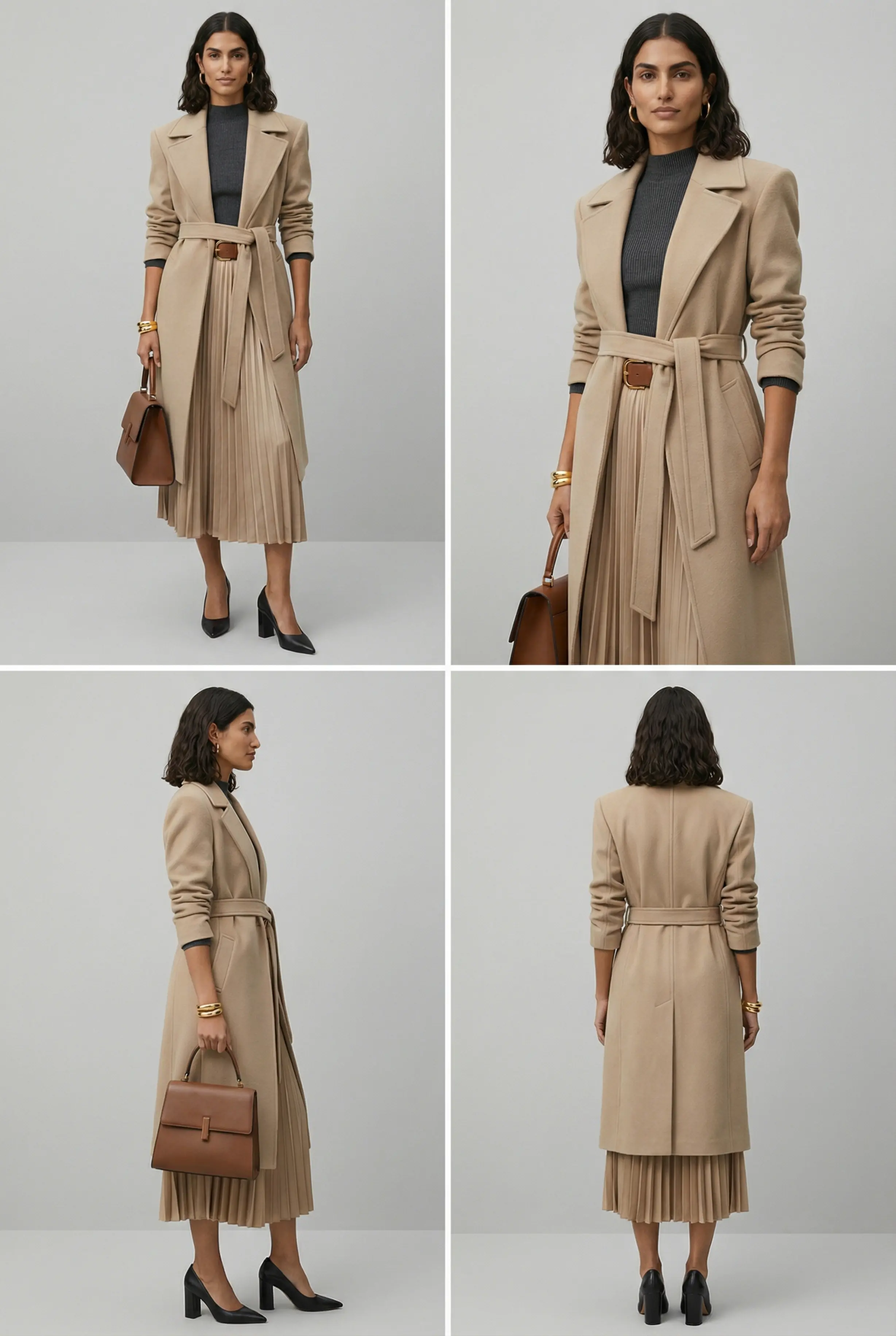 Contact sheet front, 3/4, side and back views of model in sculpted trench and pleated midi