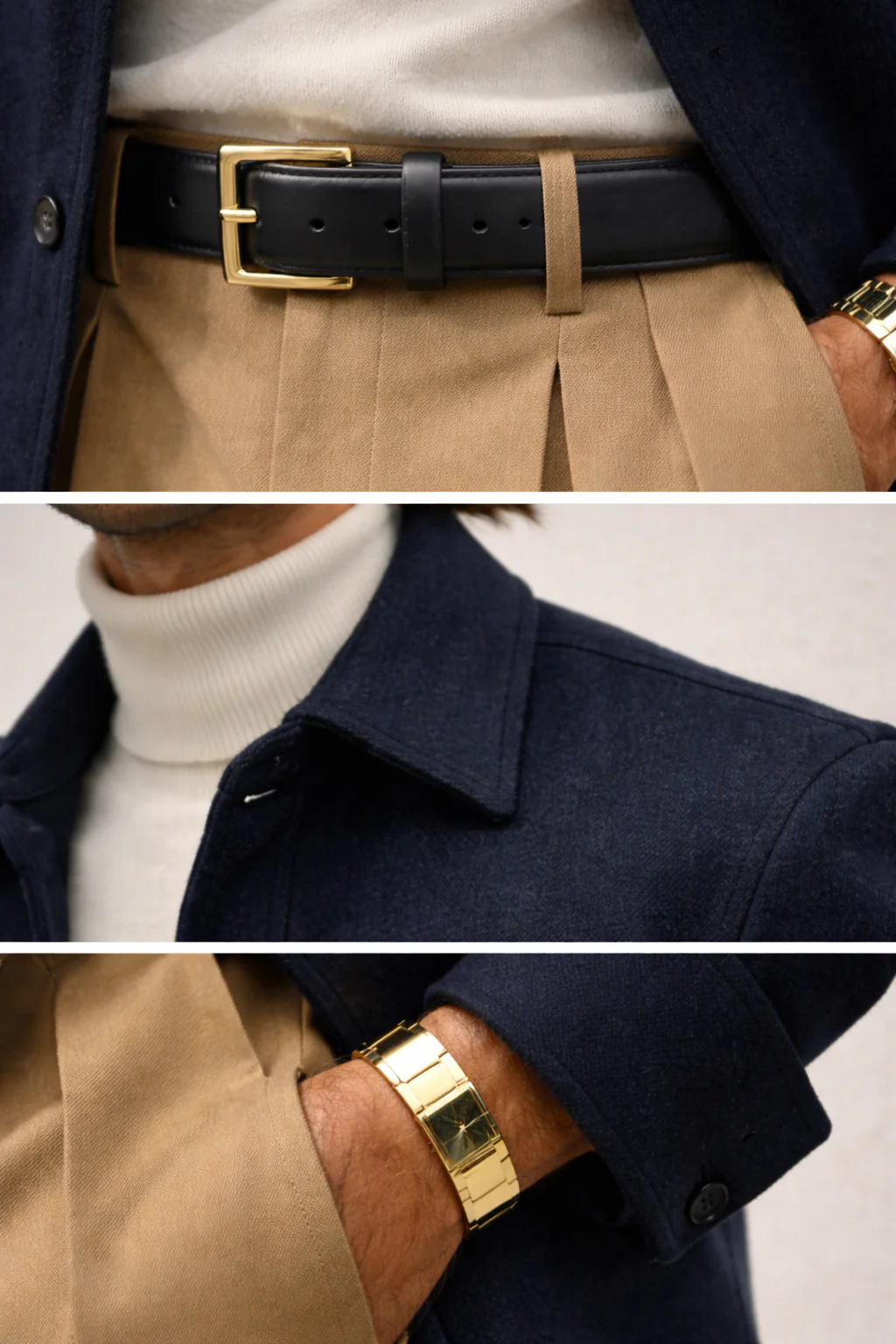 Close-up of leather belt buckle threaded through loops, textured wool lapel and gold cuff detail