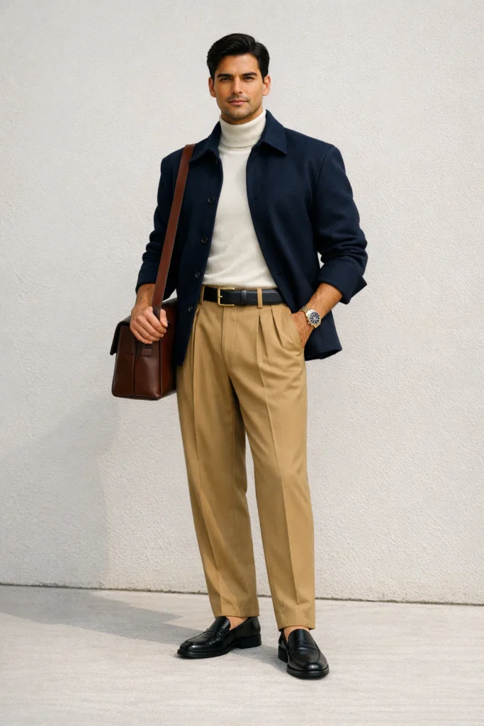 Full-body shot of man in navy sculpted-shoulder wool overshirt, pleated trousers, chunky belt and loafers