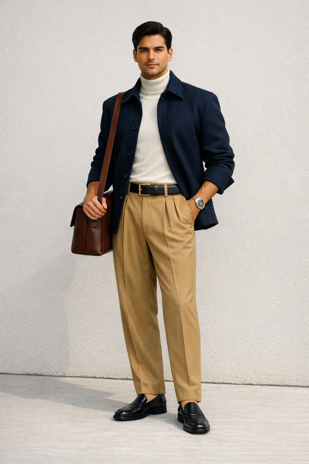 Full-body shot of man in navy sculpted-shoulder wool overshirt, pleated trousers, chunky belt and loafers