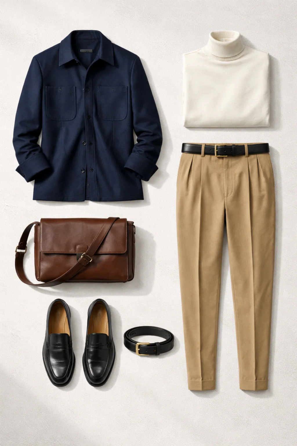 Outfit grid: sculpted overshirt, roll neck, pleated trousers, loafers, belt, messenger bag