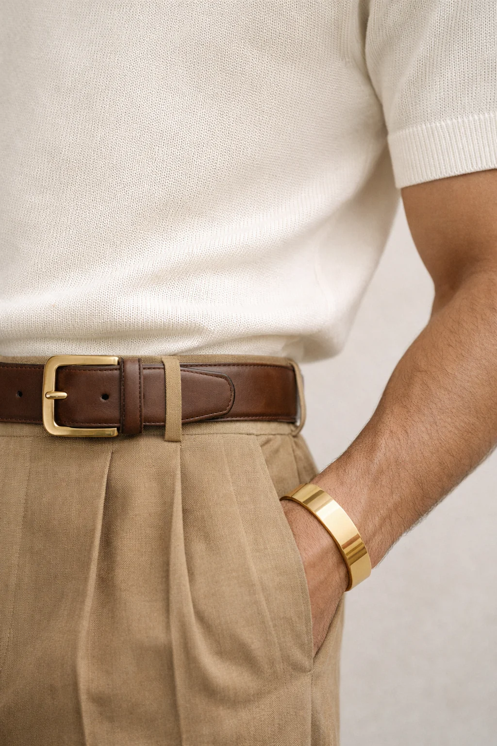 Close-up of chunky belt buckle through trouser loops, gold cuff and textured knit shoulder detail