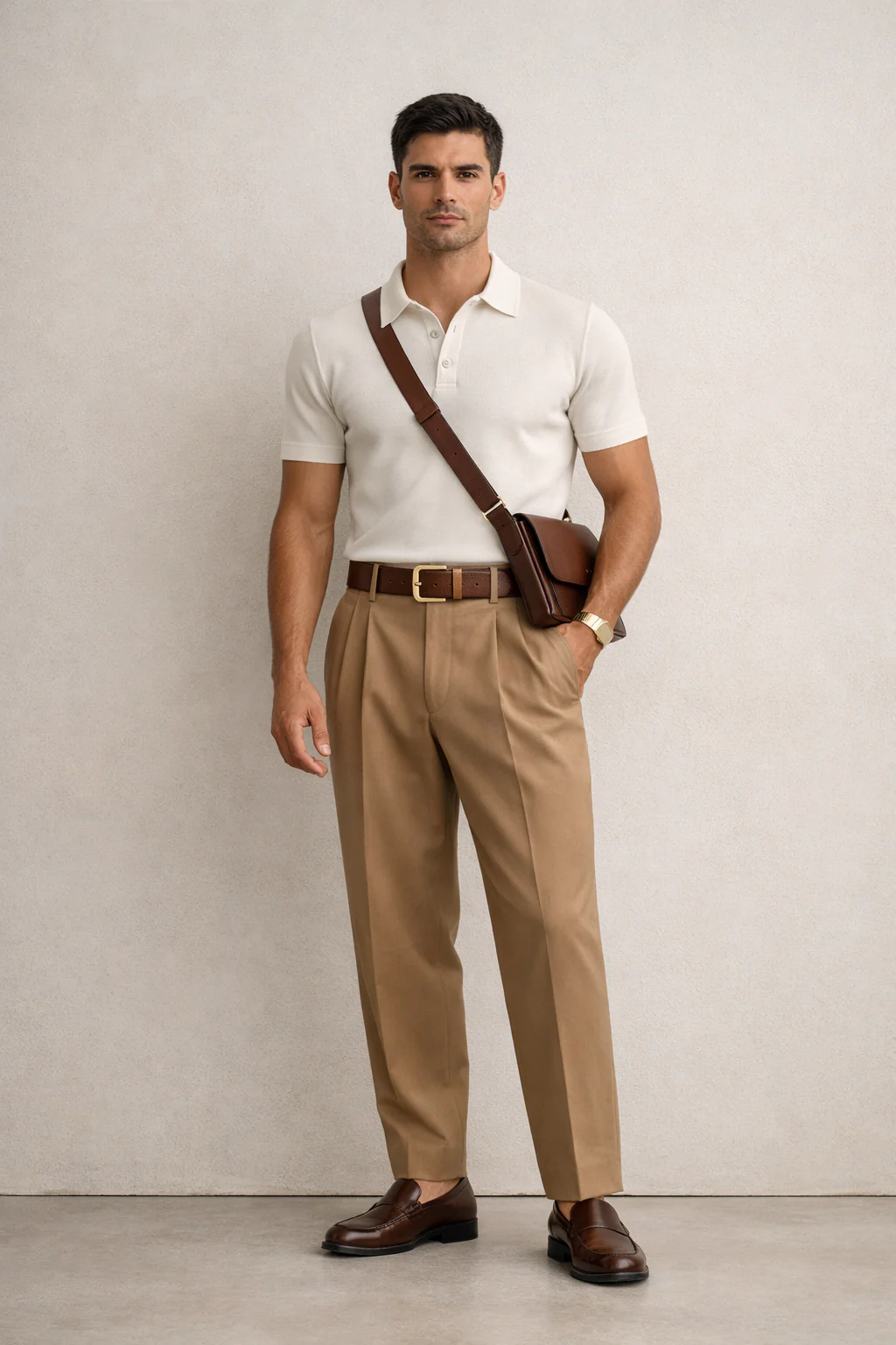 Man in structured-shoulder ivory knit polo, camel pleated trousers, chunky leather belt and loafers, full-body studio shot