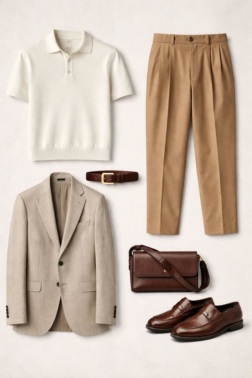 Six-item outfit grid with structured polo, pleated trousers, loafers, blazer, chunky belt and structured leather bag