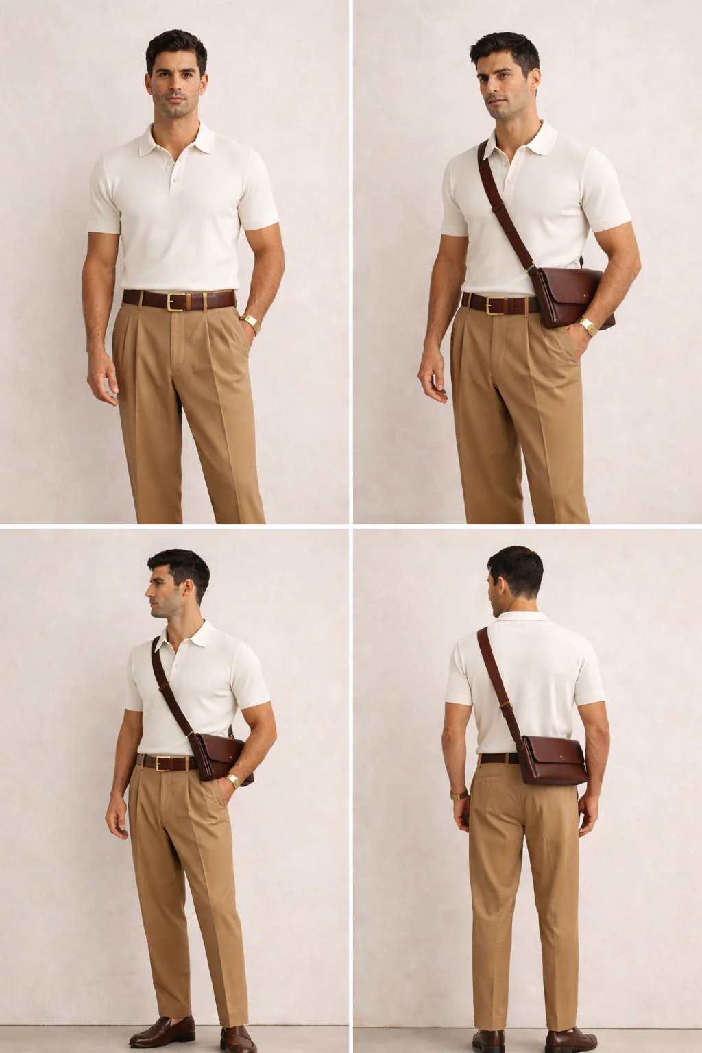 Four-panel contact sheet showing front, three-quarter, side and back views of the outfit