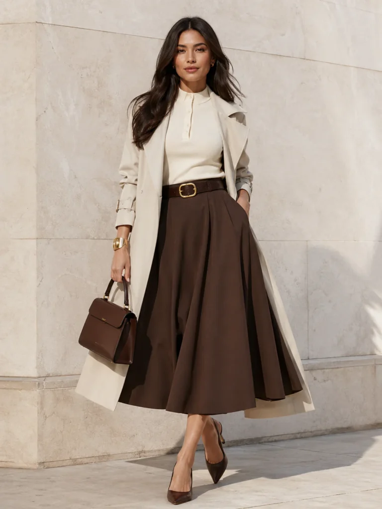 Full-body editorial shot of a woman in an ivory high-neck knit polo, espresso full midi skirt, gold-buckle belt, trench, slingbacks, and structured bag.