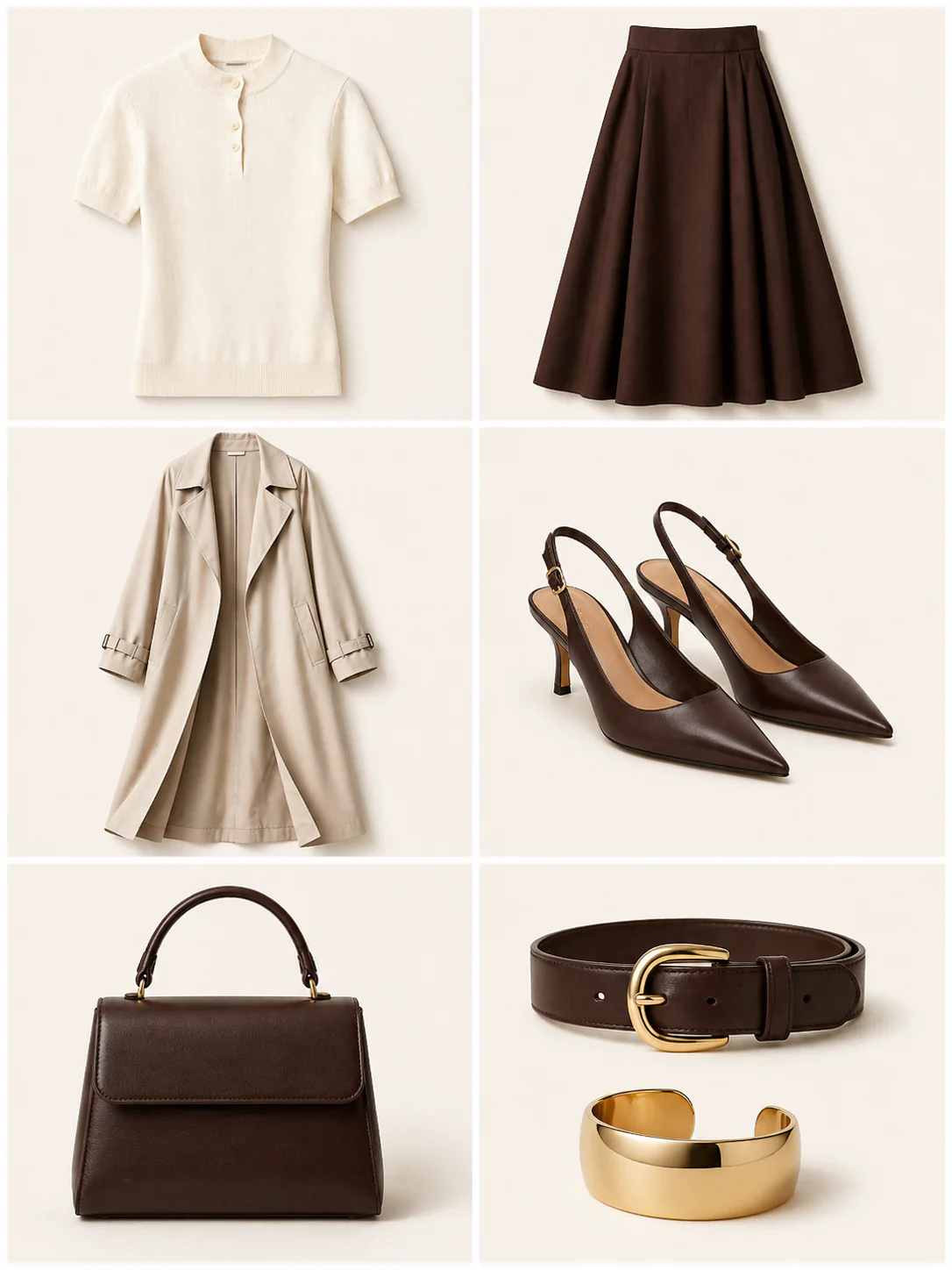 Outfit grid showing an ivory high-neck knit polo, espresso full midi skirt, longline trench, slingback heels, structured bag, gold-buckle belt, and gold cuff.