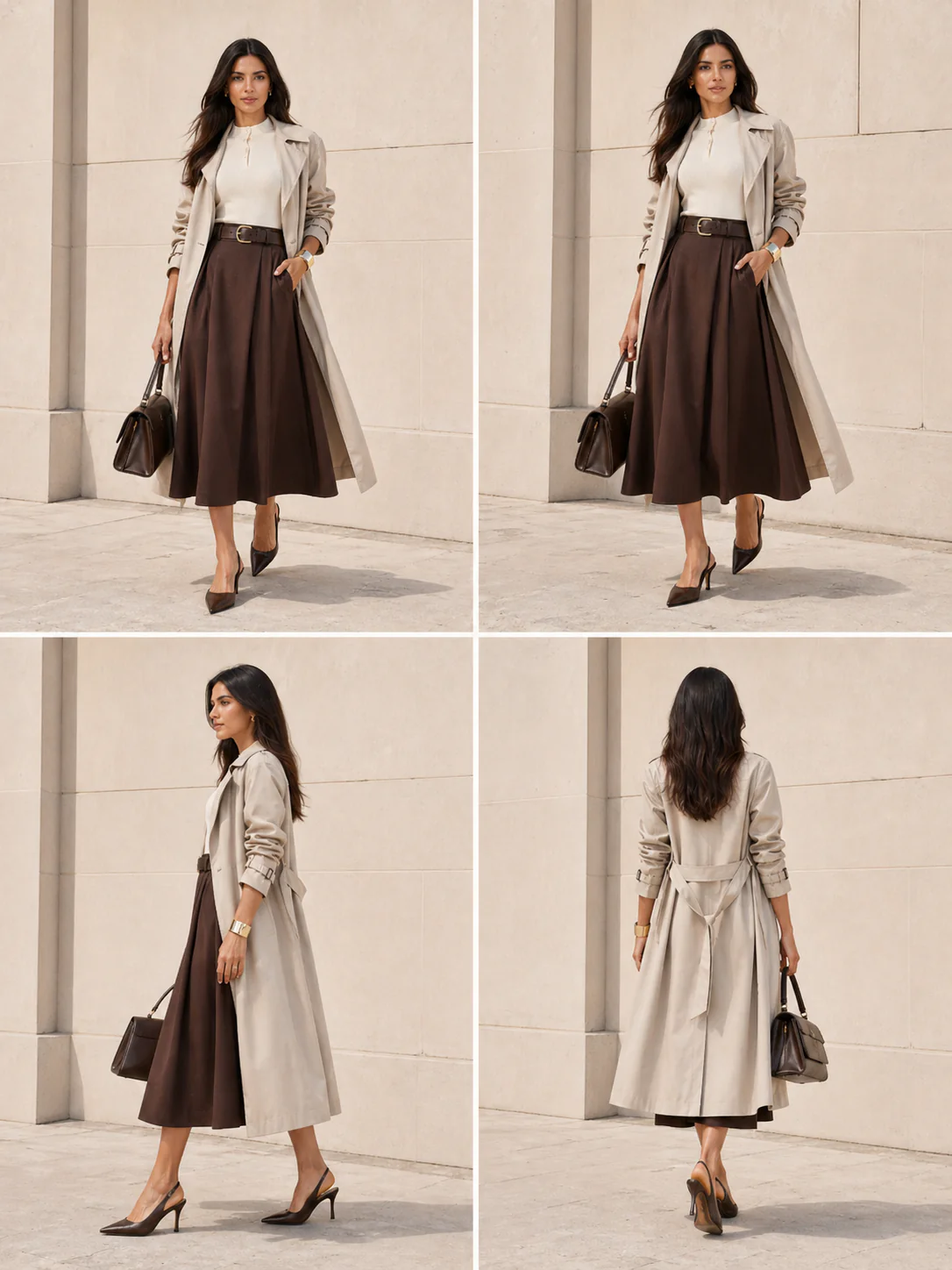 2x2 contact sheet showing front, three-quarter, side, and back views of a high-neck knit polo with a full midi skirt, belt, trench, and slingbacks.