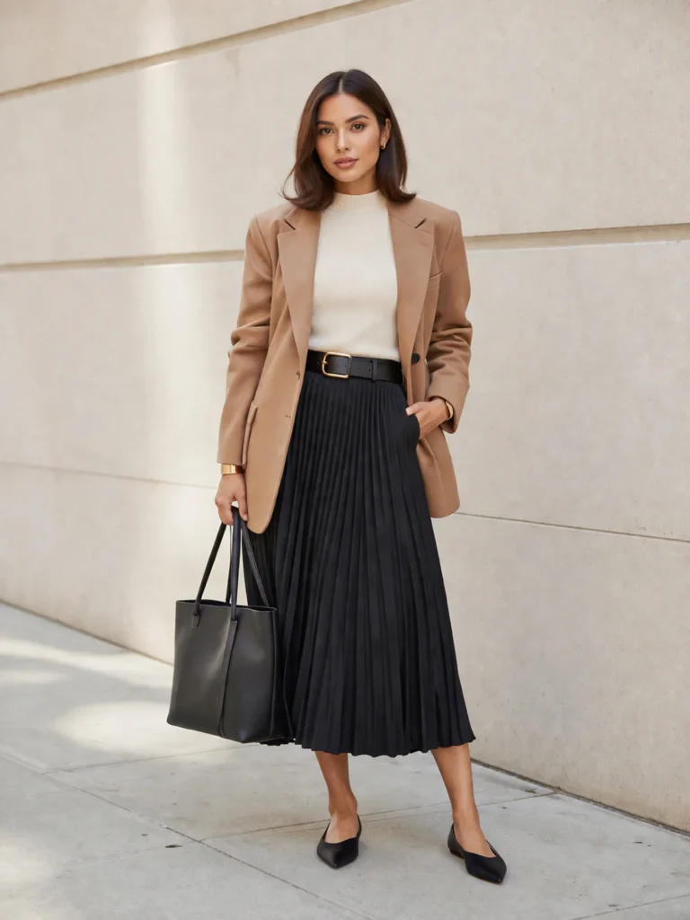 Elegant black pleated midi skirt outfit with camel blazer and ivory high-neck knit, full-body front view, minimal city background