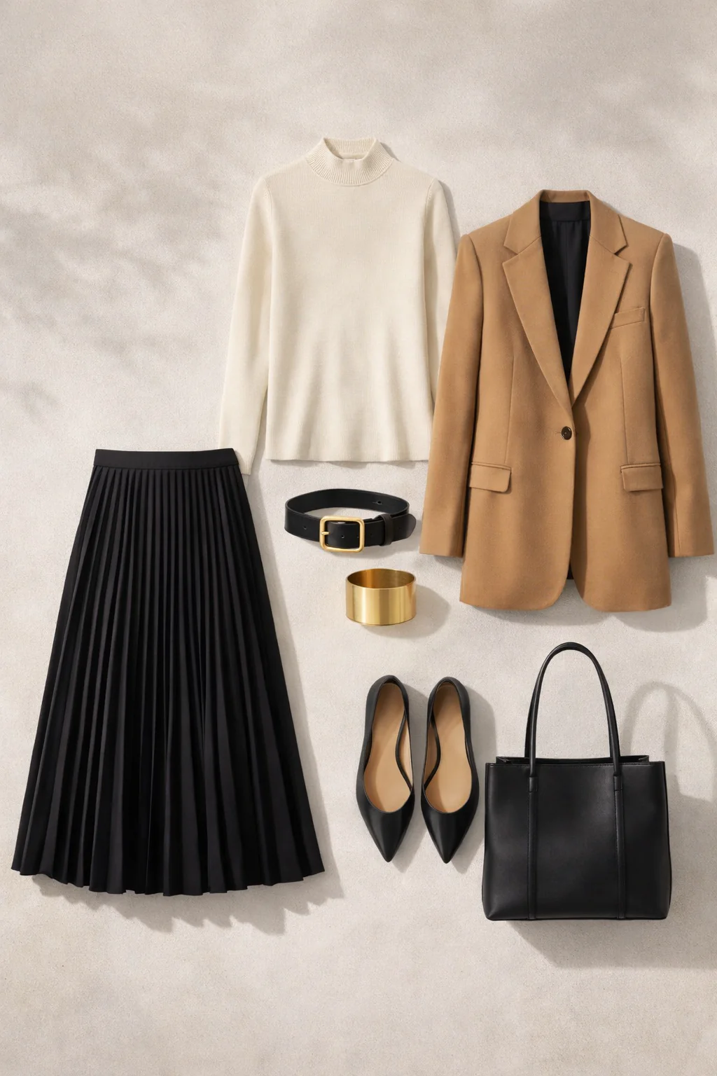 Vertical outfit grid showing a pleated midi skirt, high-neck long-sleeve top, oversized blazer, belt, gold cuff, pointed flats, and structured tote.
