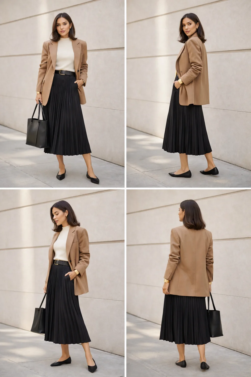 2x2 contact sheet showing front, 3/4, side, and back views of a pleated midi skirt outfit with an oversized blazer, belt, and gold cuff.