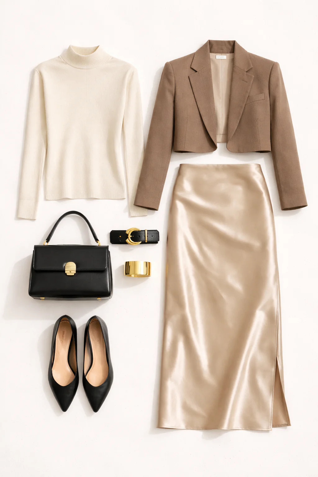 Outfit grid showing ivory mock neck knit, champagne satin column skirt, taupe cropped blazer, black pointed flats, structured bag, chunky belt, and gold cuff.
